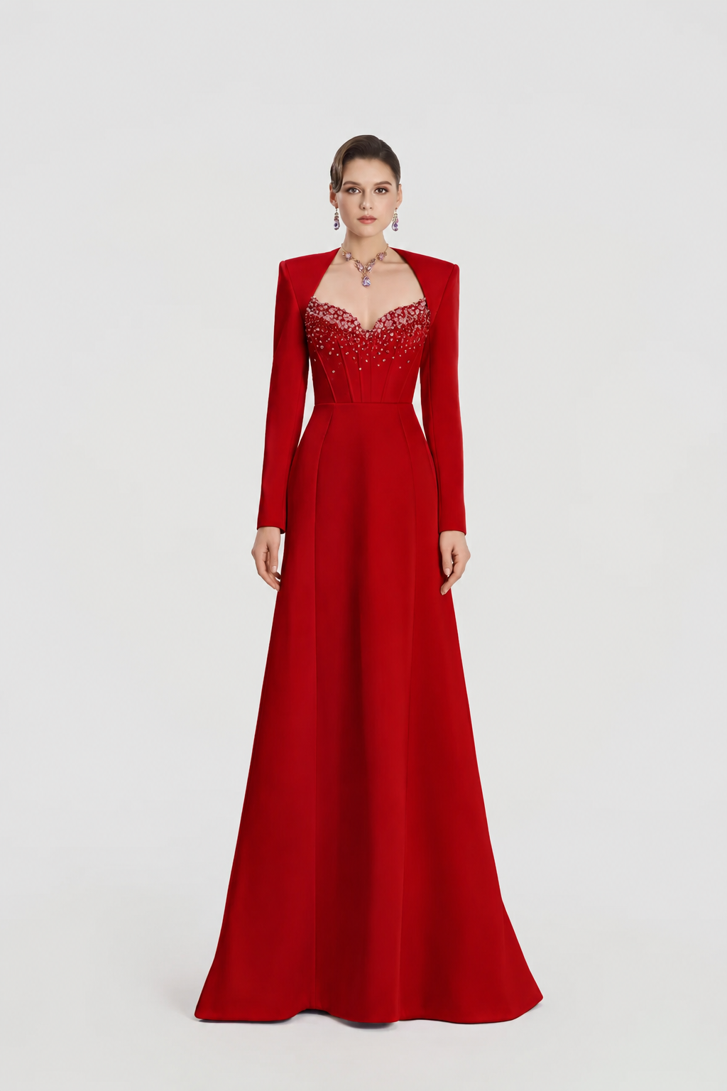 Trapezium Neckline Long Sleeve Flared A-Line Dress - TRACY COUTURE