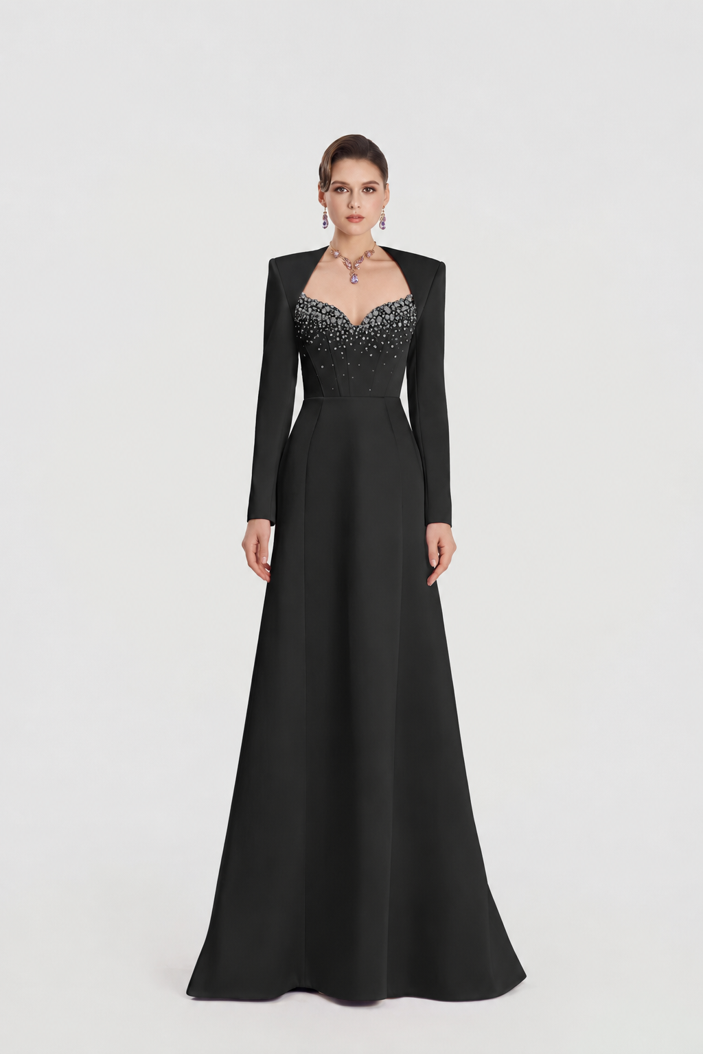 Trapezium Neckline Long Sleeve Flared A-Line Dress - TRACY COUTURE