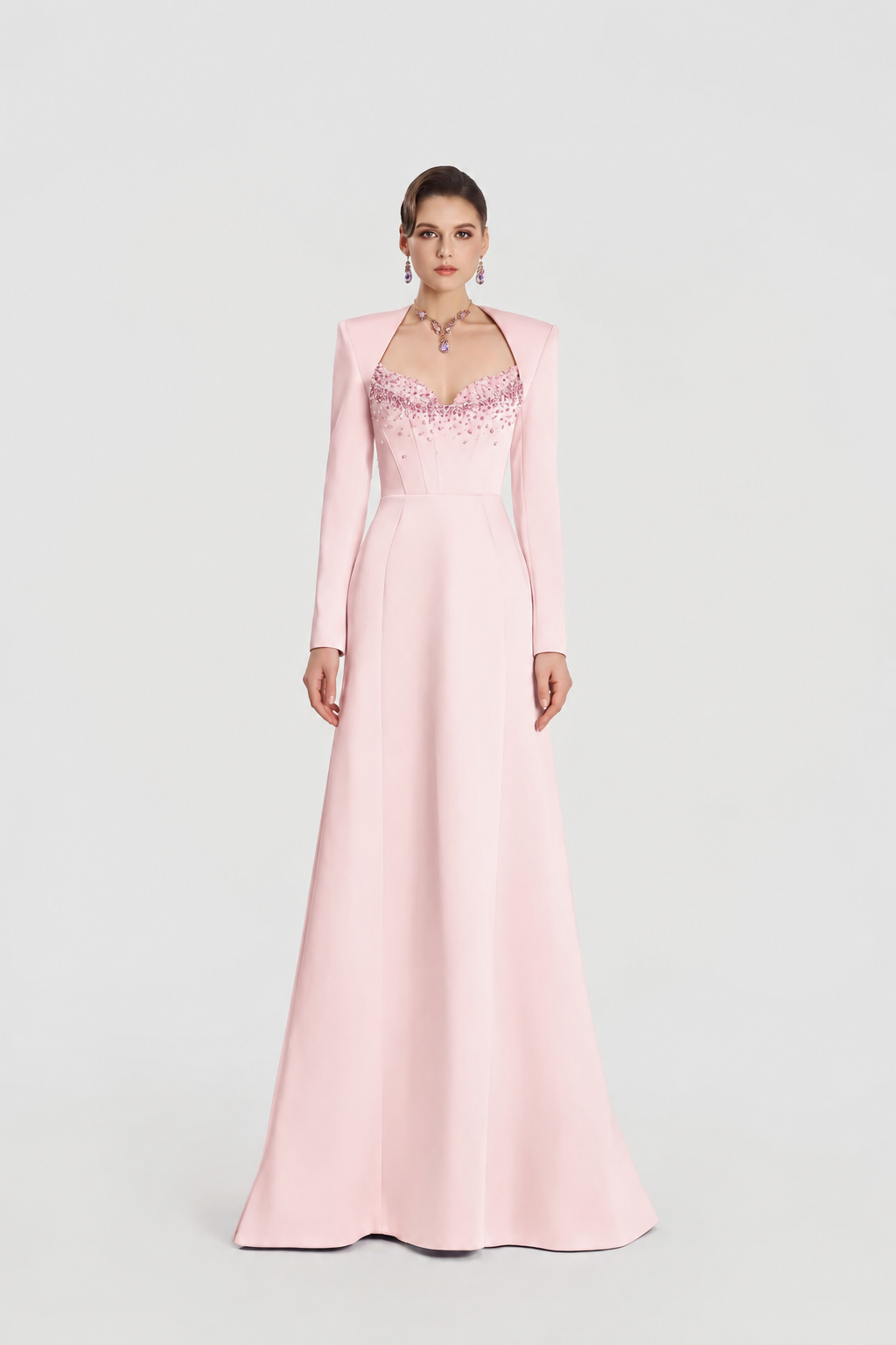 Trapezium Neckline Long Sleeve Flared A-Line Dress - TRACY COUTURE