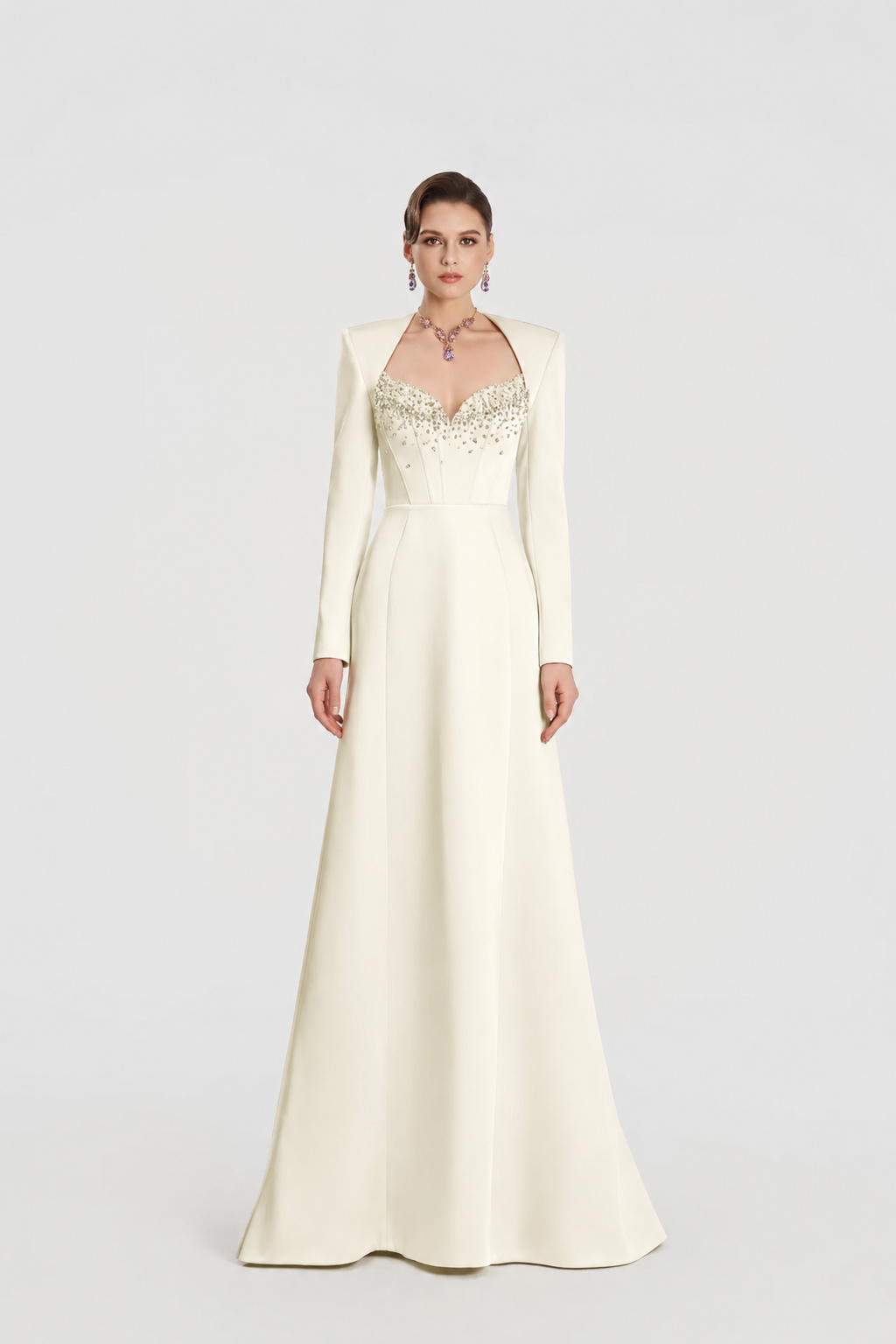 Trapezium Neckline Long Sleeve Flared A-Line Dress - TRACY COUTURE