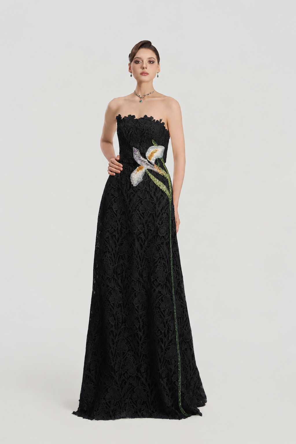 Strapless Floral Laser-Cut Dress - TRACY COUTURE