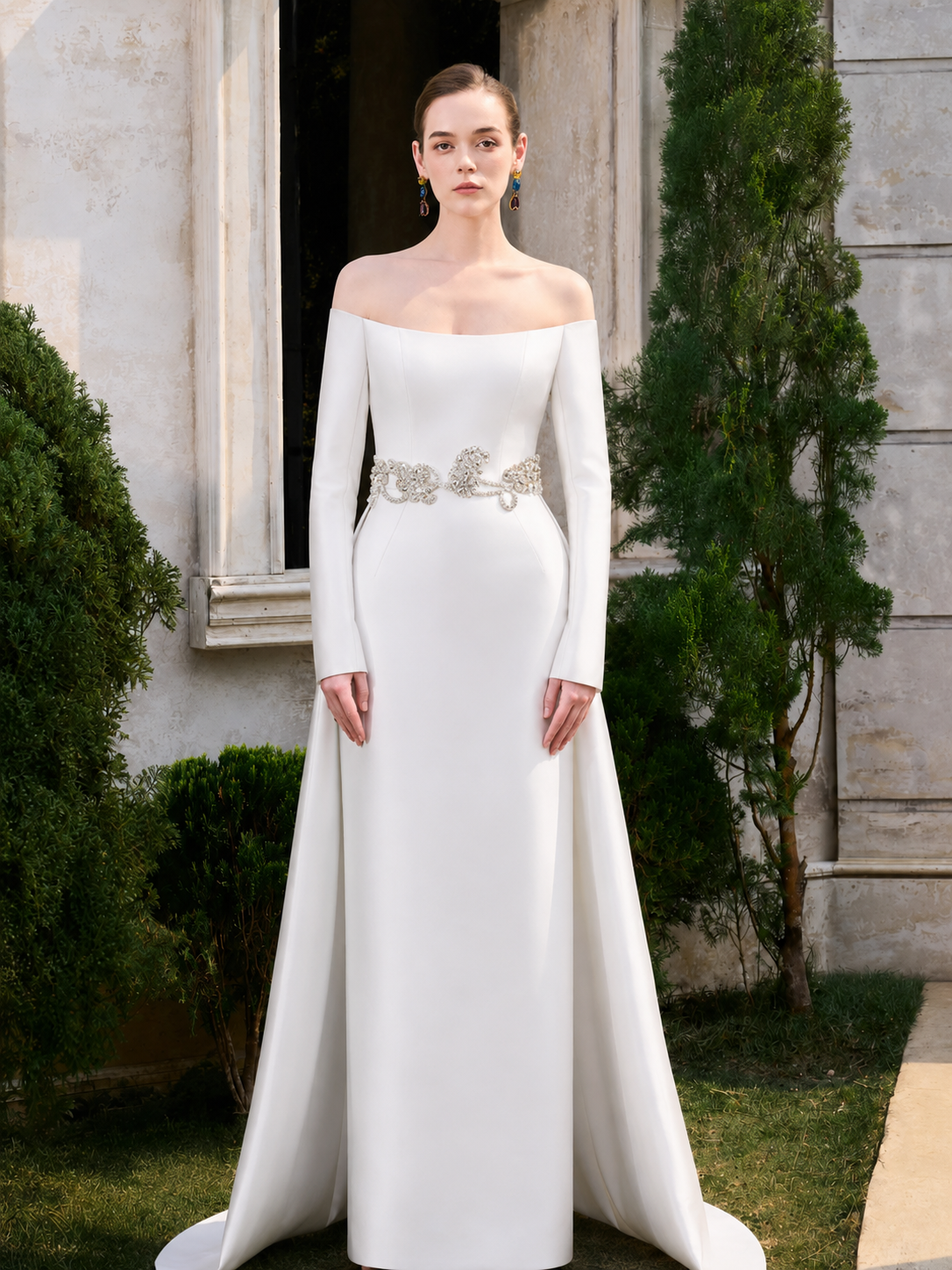 Off-Shoulder Long Sleeve Long Skirt Flap Dress - TRACY COUTURE