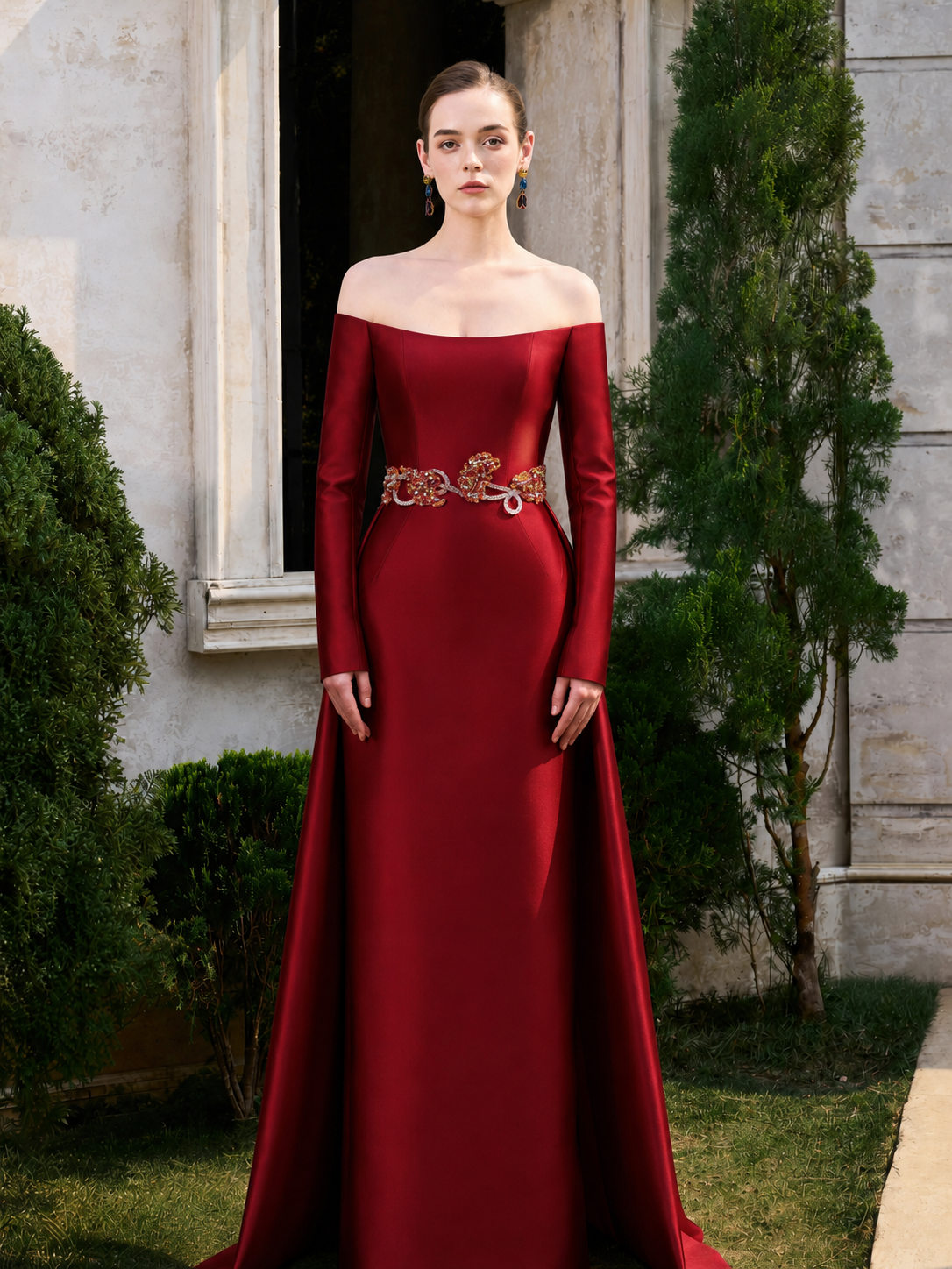 long sleeve off shoulder red dress Off-Shoulder Long Skirt Flap XXXL / SAU LEE Brooke Cap-Sleeve Color:Gilded Florals Trousers 5 pockets 116/120 cm (45/47)* depends