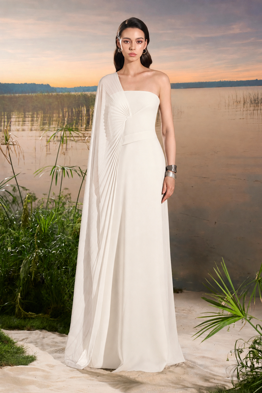 Asymmetric Cape Sleeve A-line Dress XXXL / White