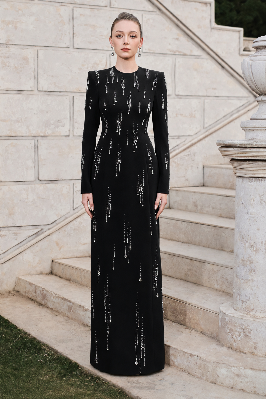 Long Sleeve Rainfall Crystal-Embellished Dress - TRACY COUTURE