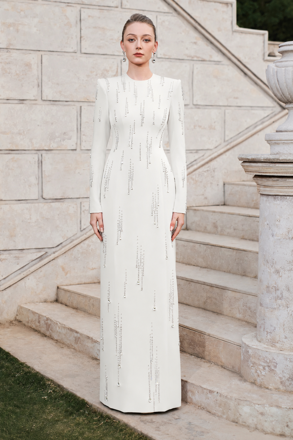 Long Sleeve Rainfall Crystal-Embellished Dress - TRACY COUTURE