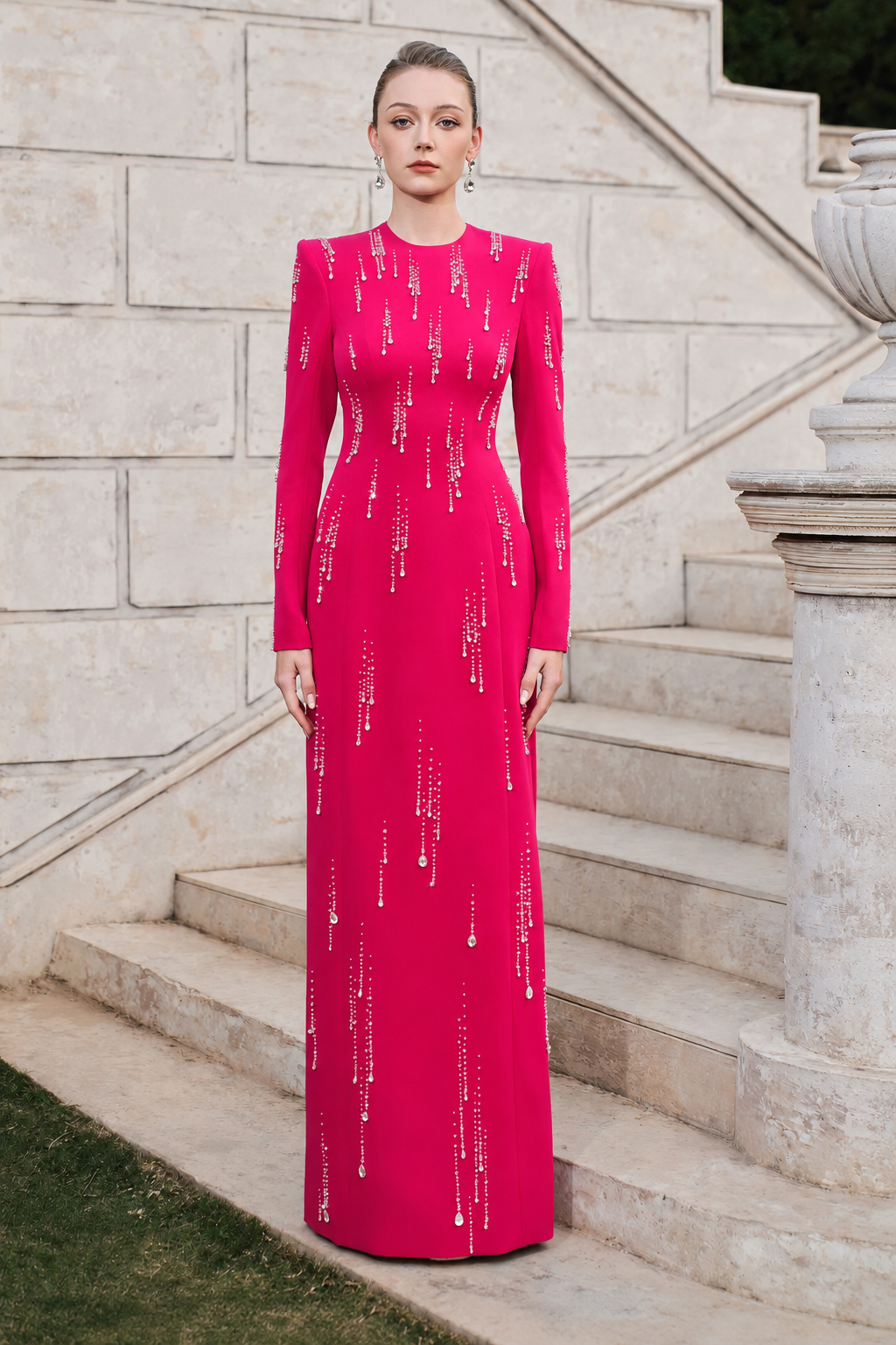Long Sleeve Rainfall Crystal-Embellished Dress - TRACY COUTURE