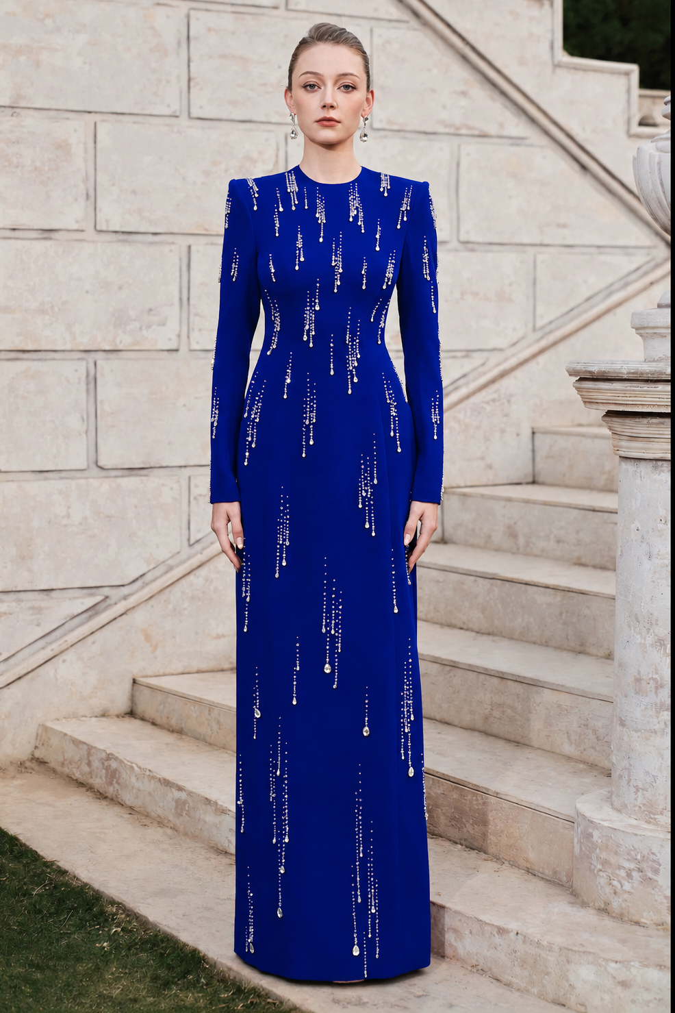 Long Sleeve Rainfall Crystal-Embellished Dress - TRACY COUTURE