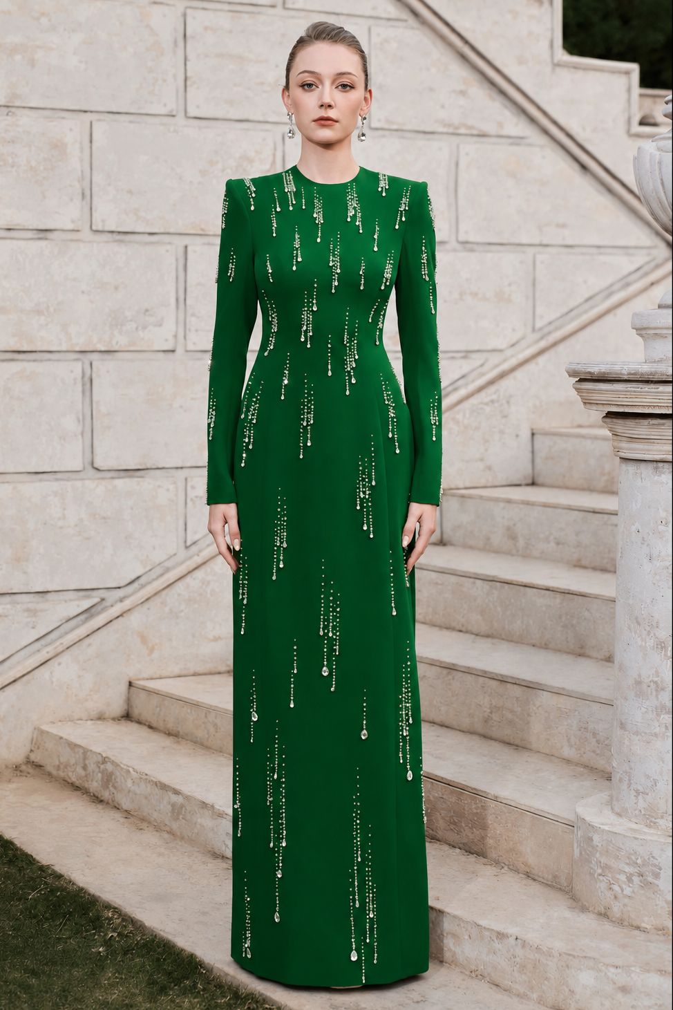 Long Sleeve Rainfall Crystal-Embellished Dress - TRACY COUTURE