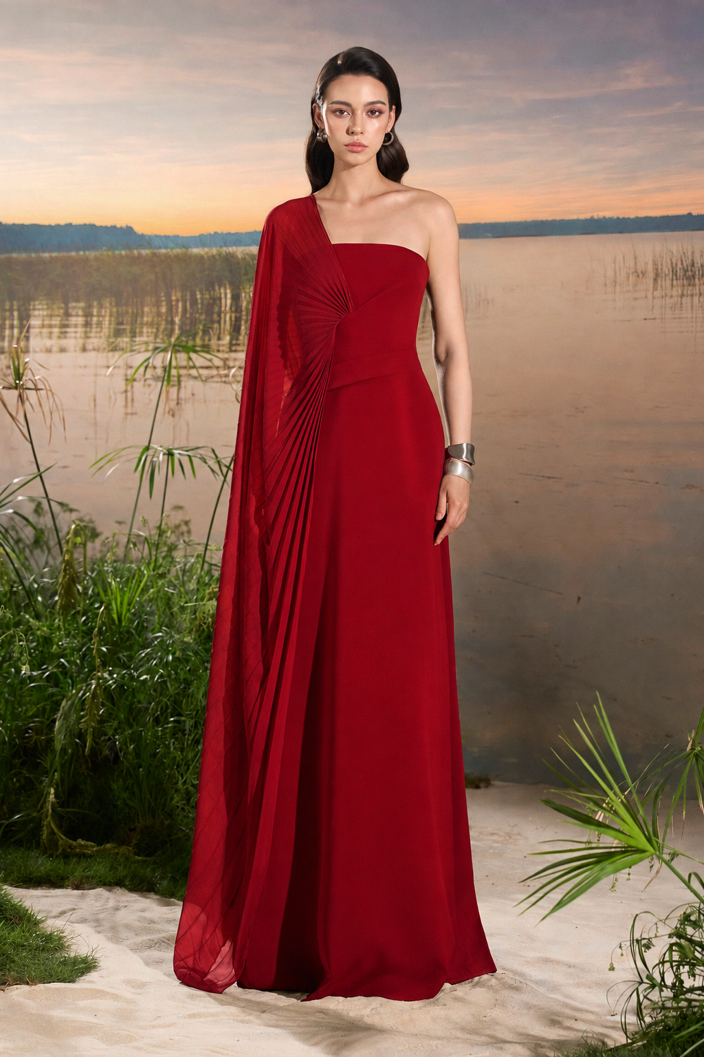 Asymmetric Cape Sleeve A-line Dress - TRACY COUTURE