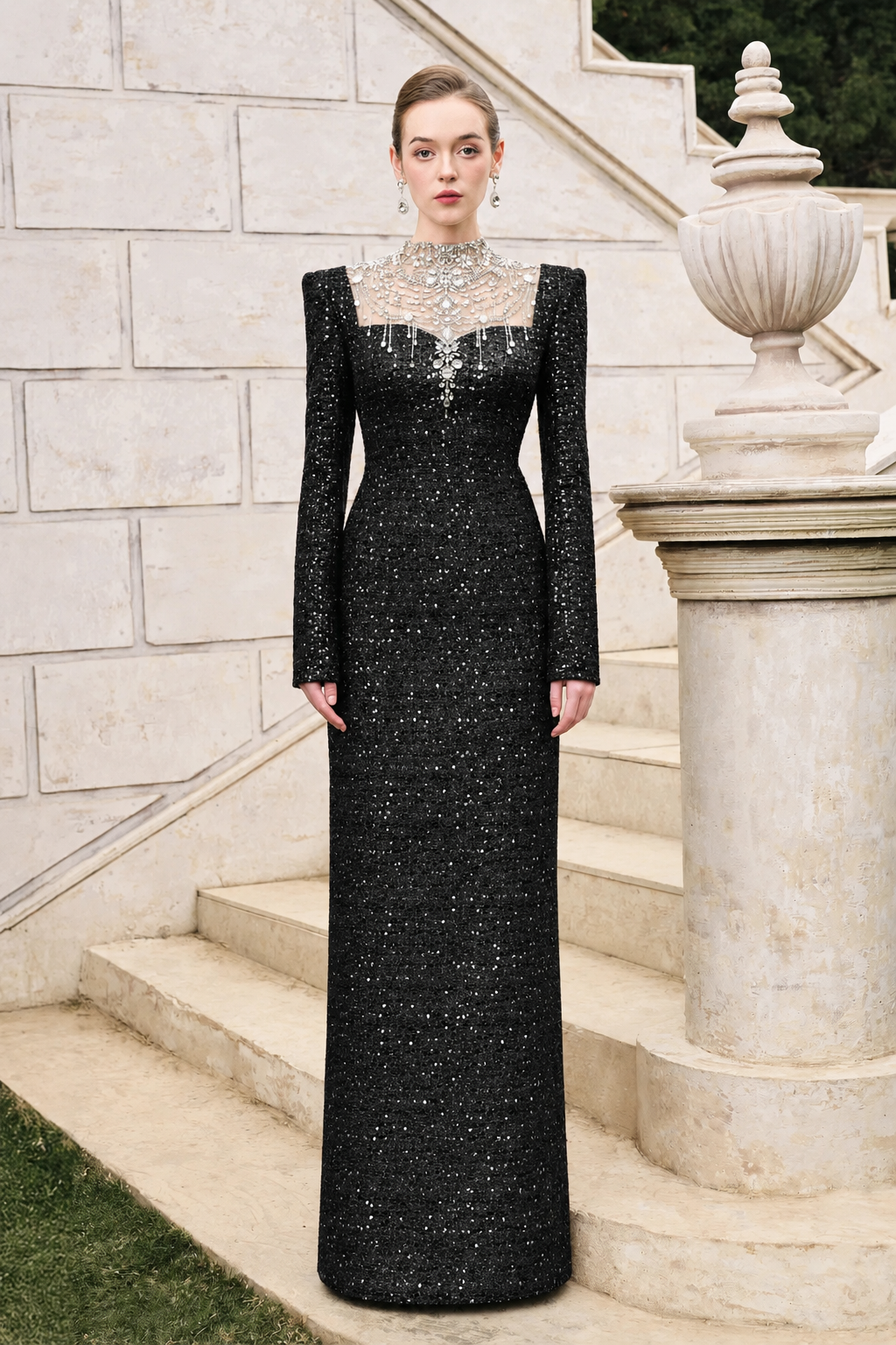 High Neck Stylized Crystal-Embellished Dress - TRACY COUTURE