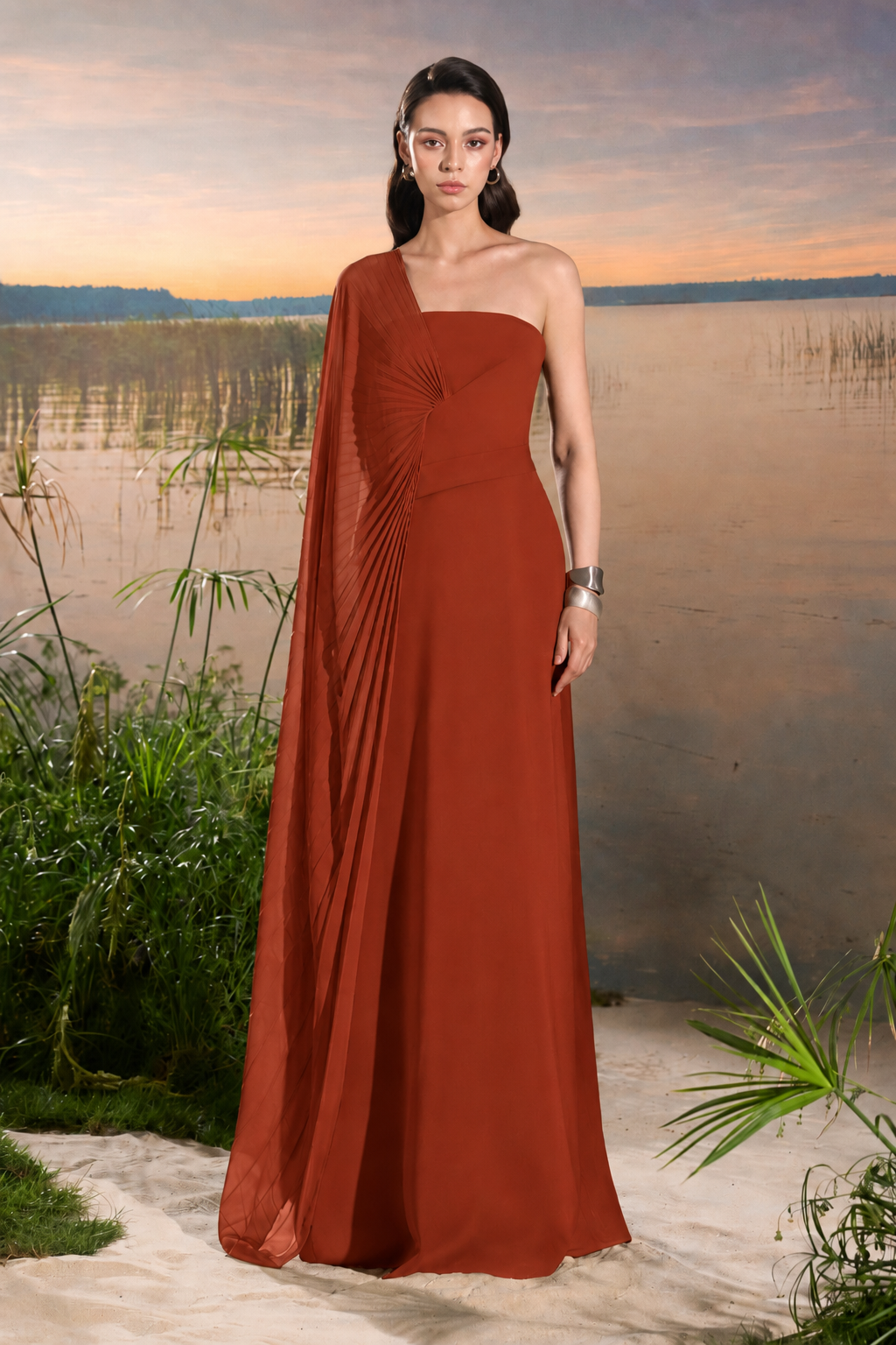 Asymmetric Cape Sleeve A-line Dress - TRACY COUTURE