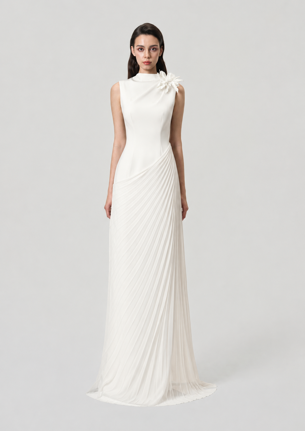 High Neck Diagonal Drop Waist Pleated Dress - TRACY COUTURE