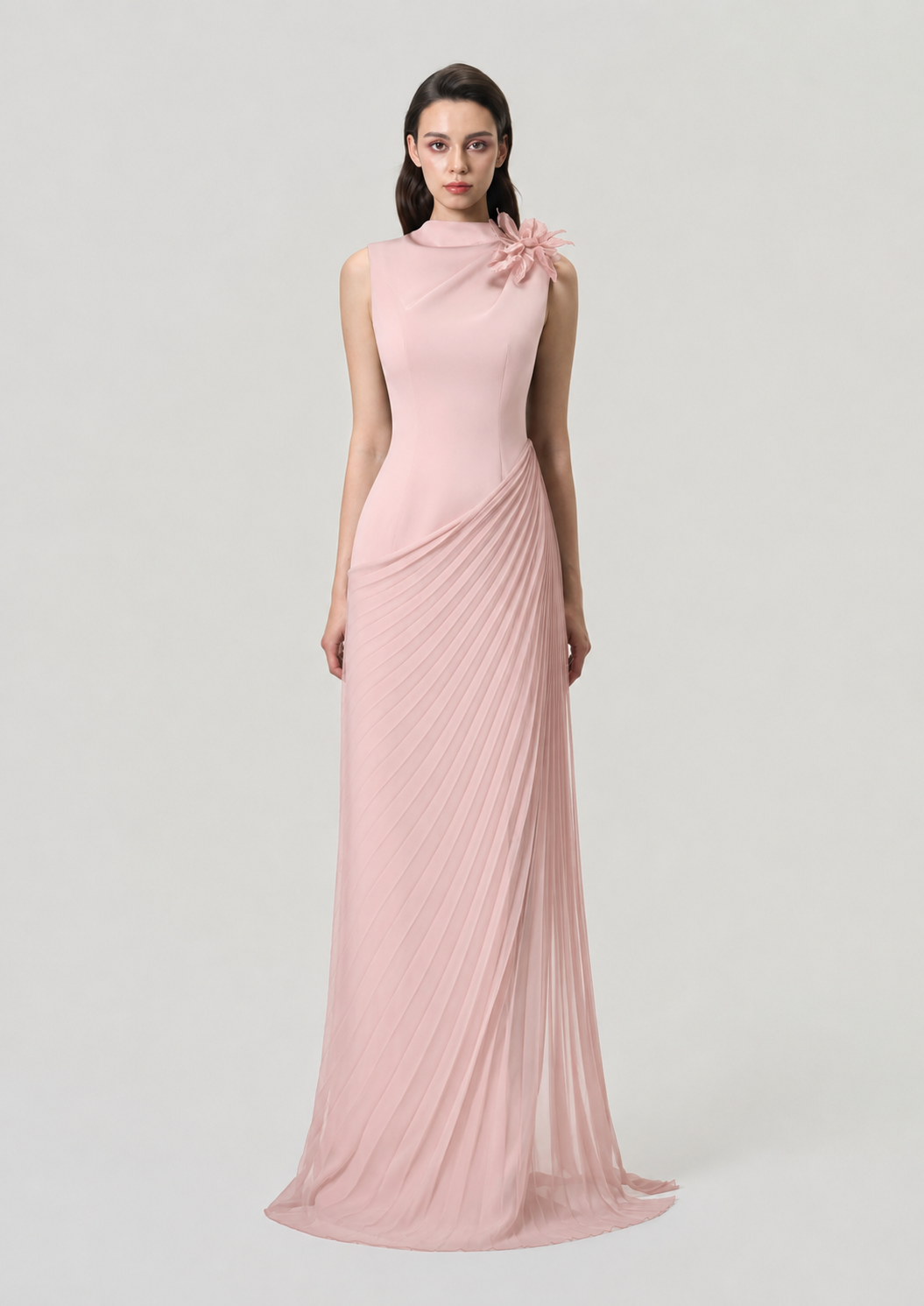 High Neck Diagonal Drop Waist Pleated Dress - TRACY COUTURE