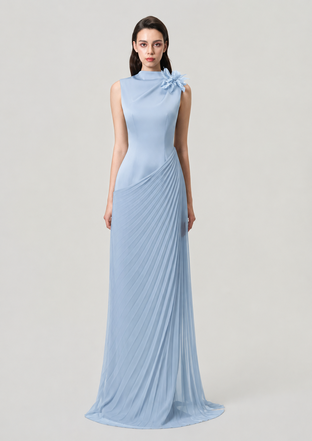 High Neck Diagonal Drop Waist Pleated Dress - TRACY COUTURE