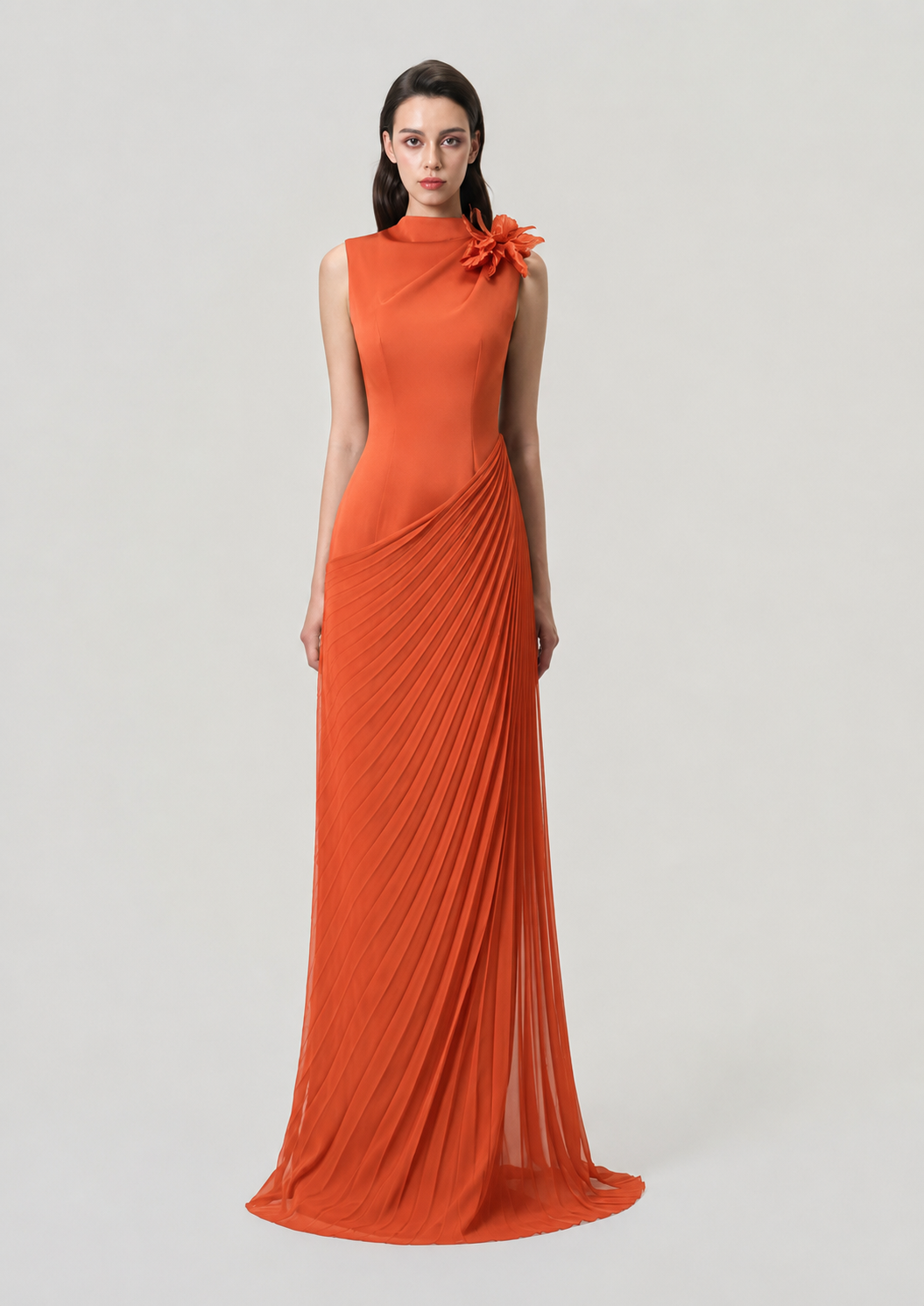 High Neck Diagonal Drop Waist Pleated Dress M / Orange