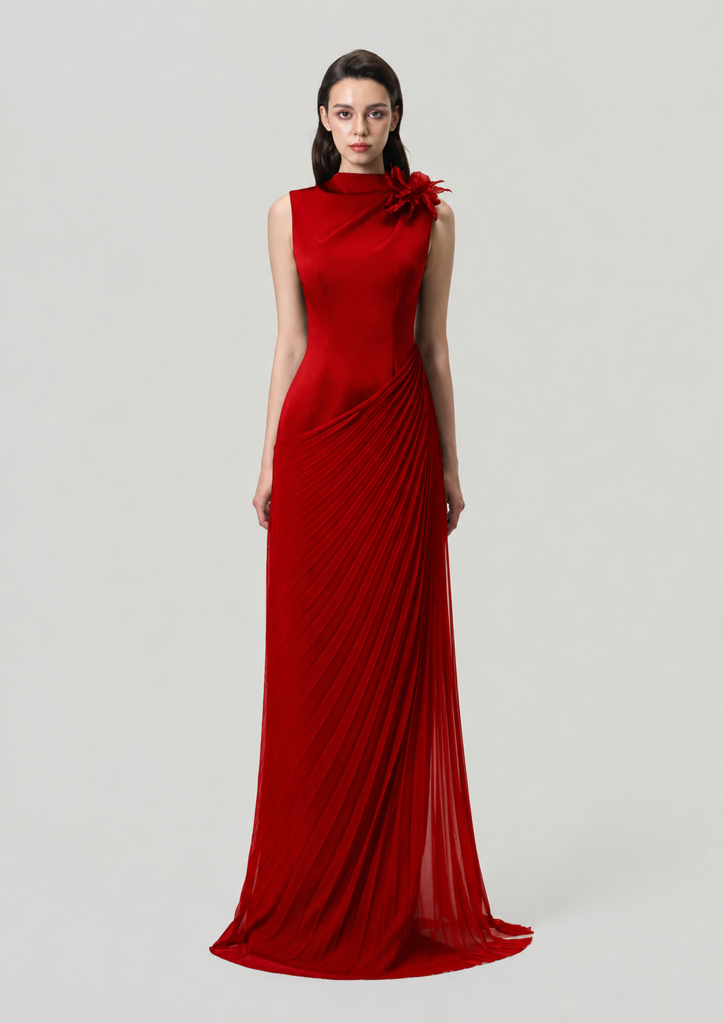 High Neck Diagonal Drop Waist Pleated Dress - TRACY COUTURE