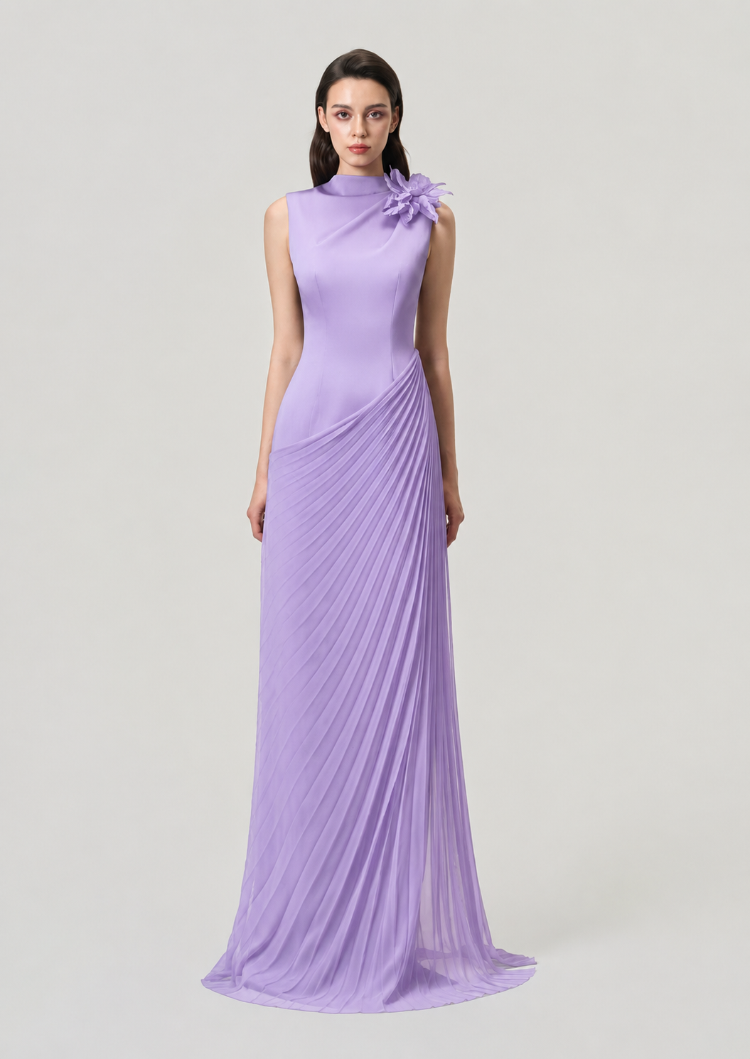 High Neck Diagonal Drop Waist Pleated Dress - TRACY COUTURE