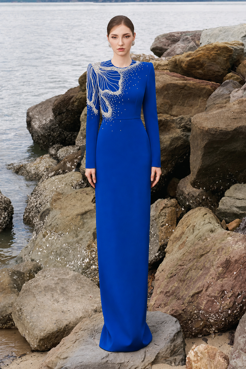 One Side Floral Crystal Embellishment Long Sleeves Dress - TRACY COUTURE