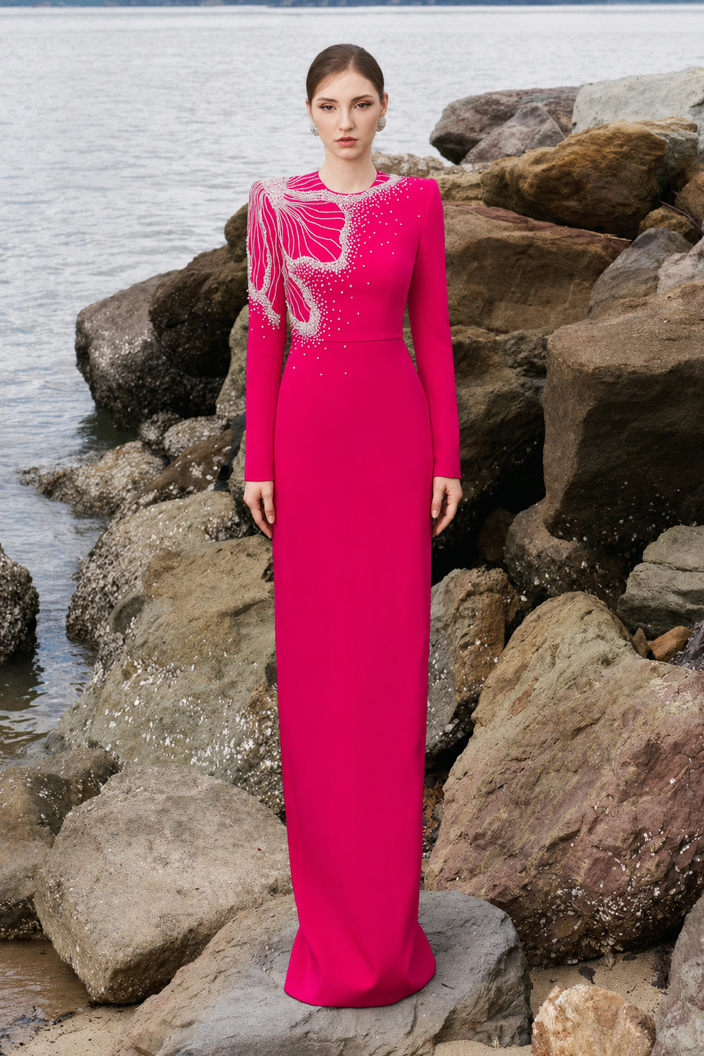One Side Floral Crystal Embellishment Long Sleeves Dress - TRACY COUTURE