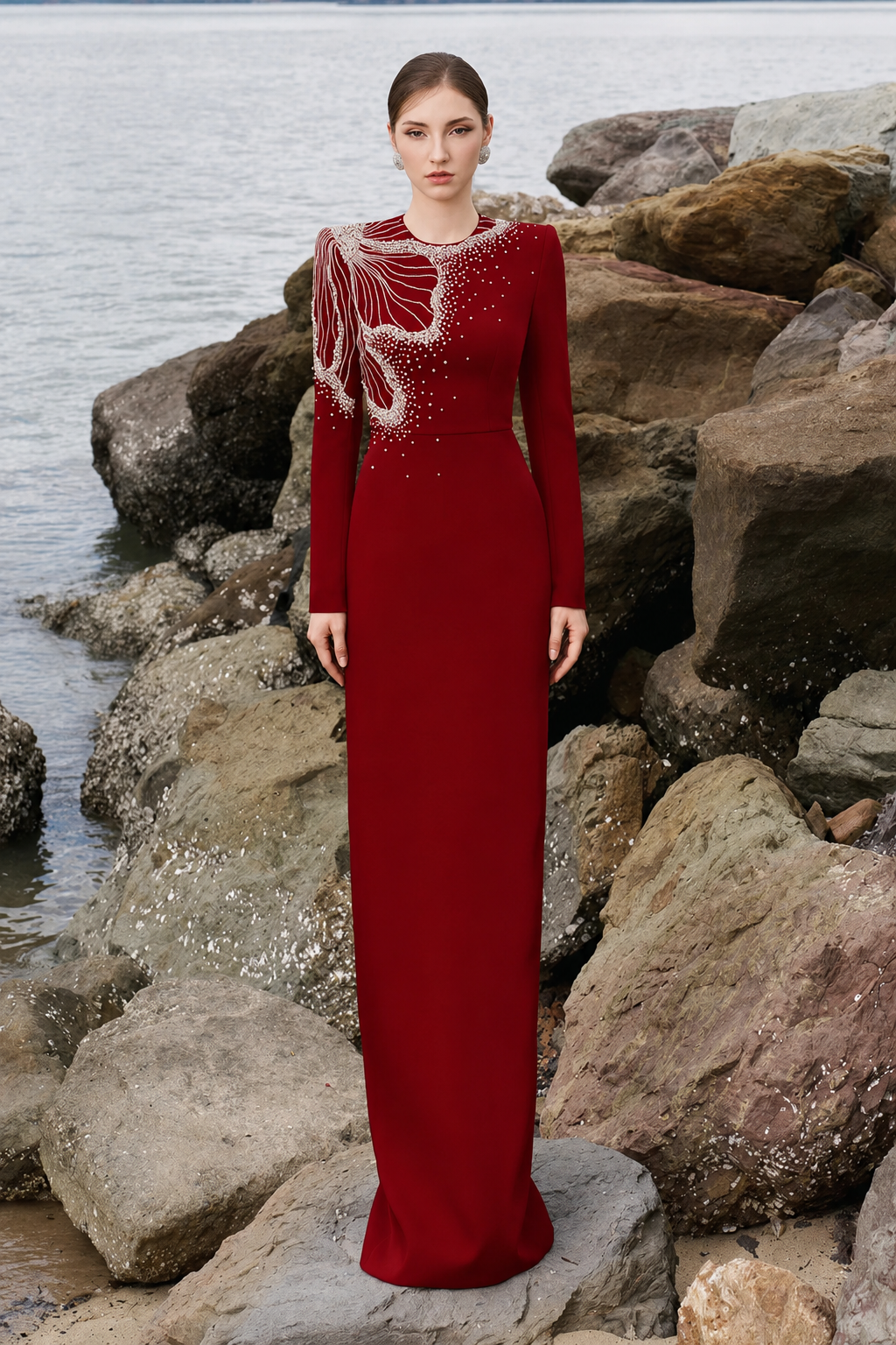 One Side Floral Crystal Embellishment Long Sleeves Dress - TRACY COUTURE