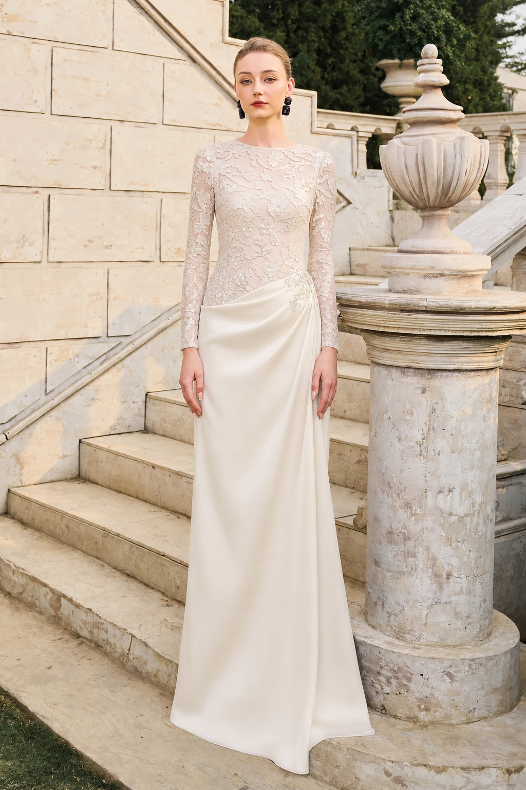 See-Through Lace Sequin Pattern Dress M / Beige