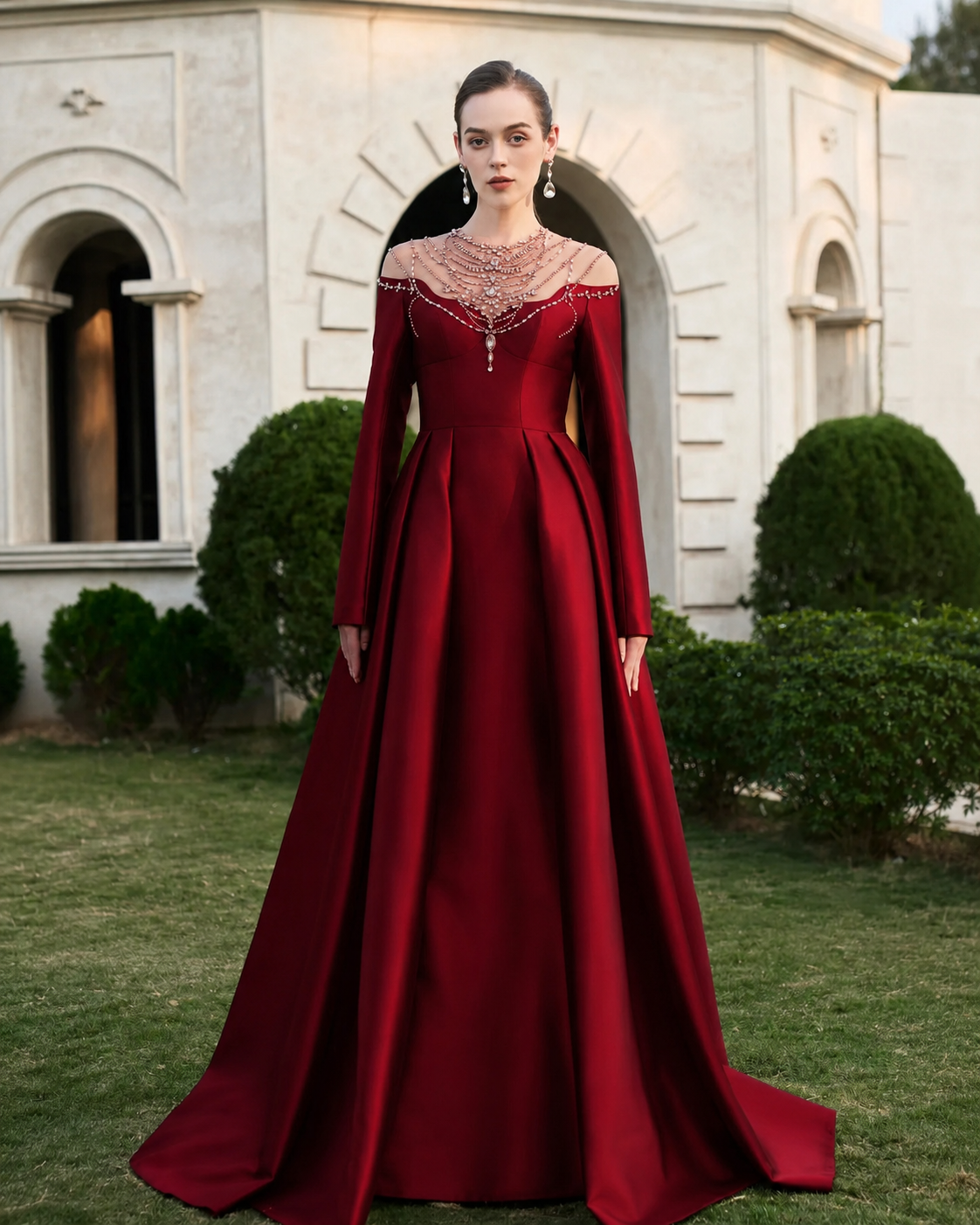 See-Through Shoulder With Stylized Crystal-Embellished Dress - TRACY COUTURE