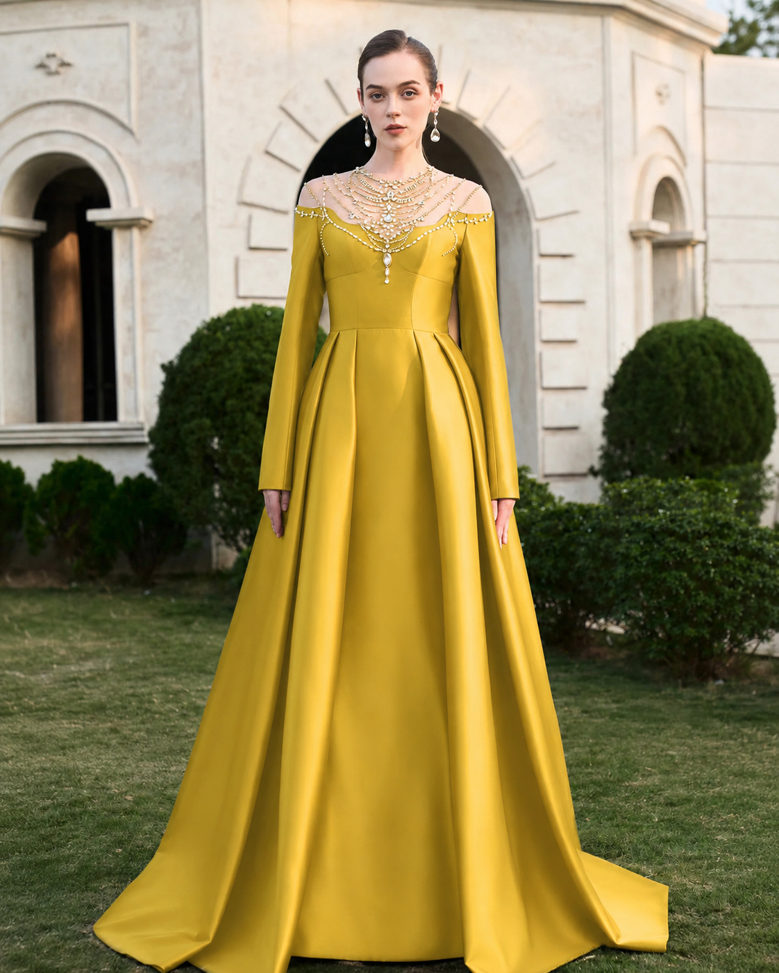 See-Through Shoulder With Stylized Crystal-Embellished Dress - TRACY COUTURE