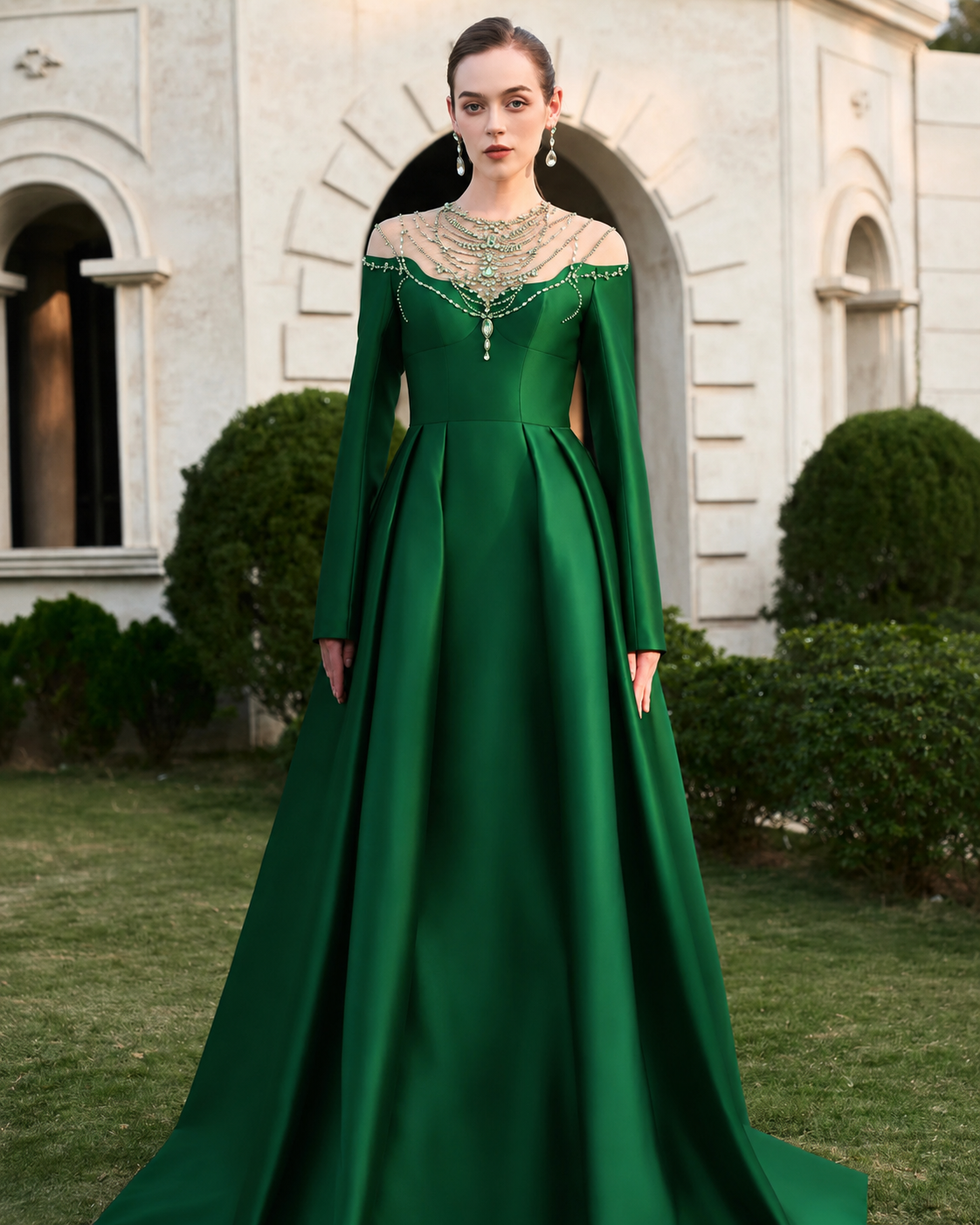 See-Through Shoulder With Stylized Crystal-Embellished Dress - TRACY COUTURE