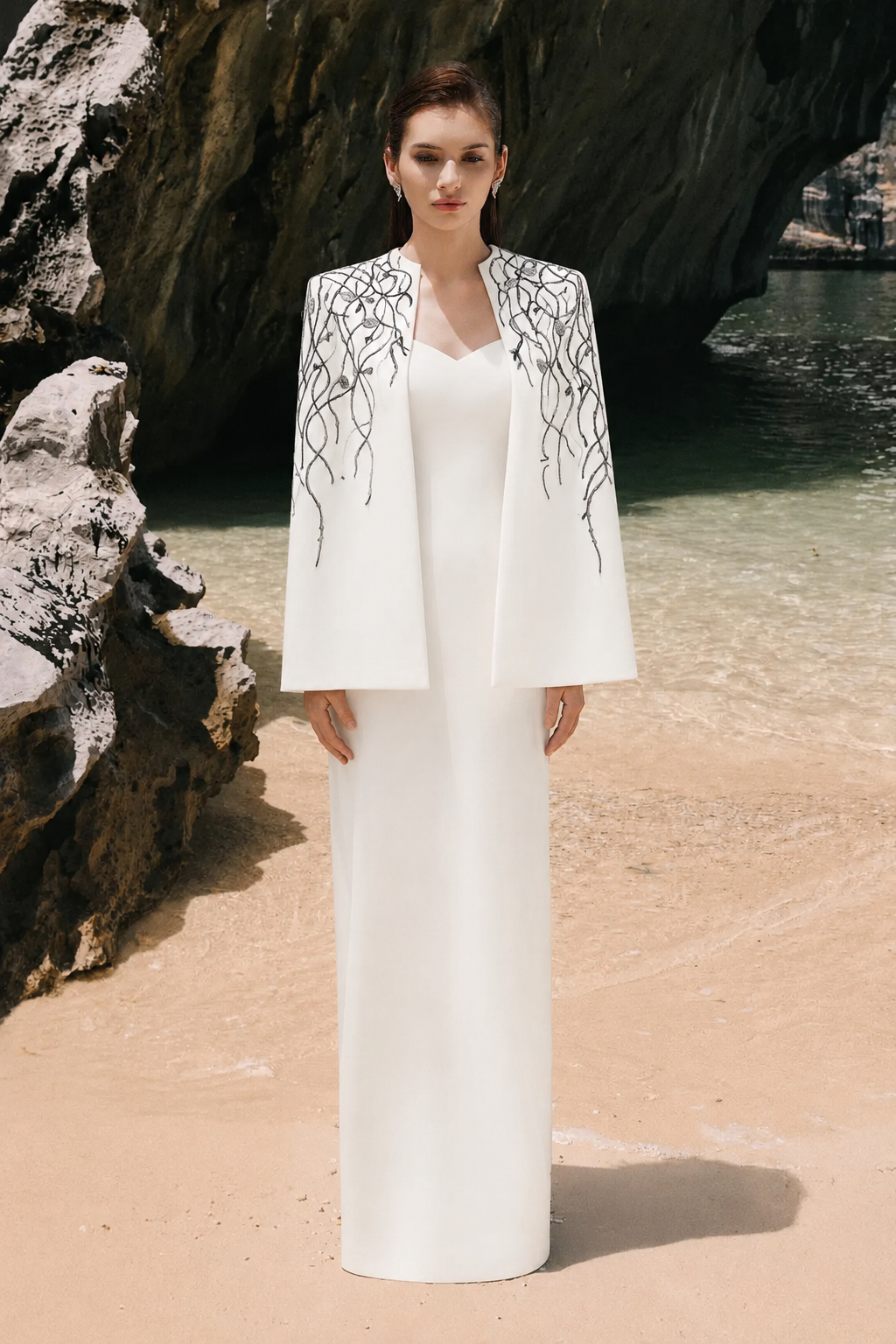 Wavy Crystal Embellished Cape And Semi Heart Chest Dress Set - TRACY COUTURE