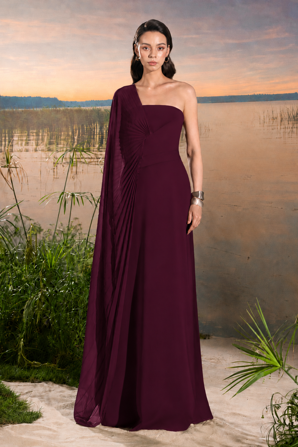 Asymmetric Cape Sleeve A-line Dress - TRACY COUTURE