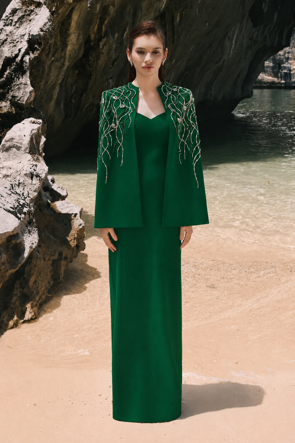 Wavy Crystal Embellished Cape And Semi Heart Chest Dress Set - TRACY COUTURE