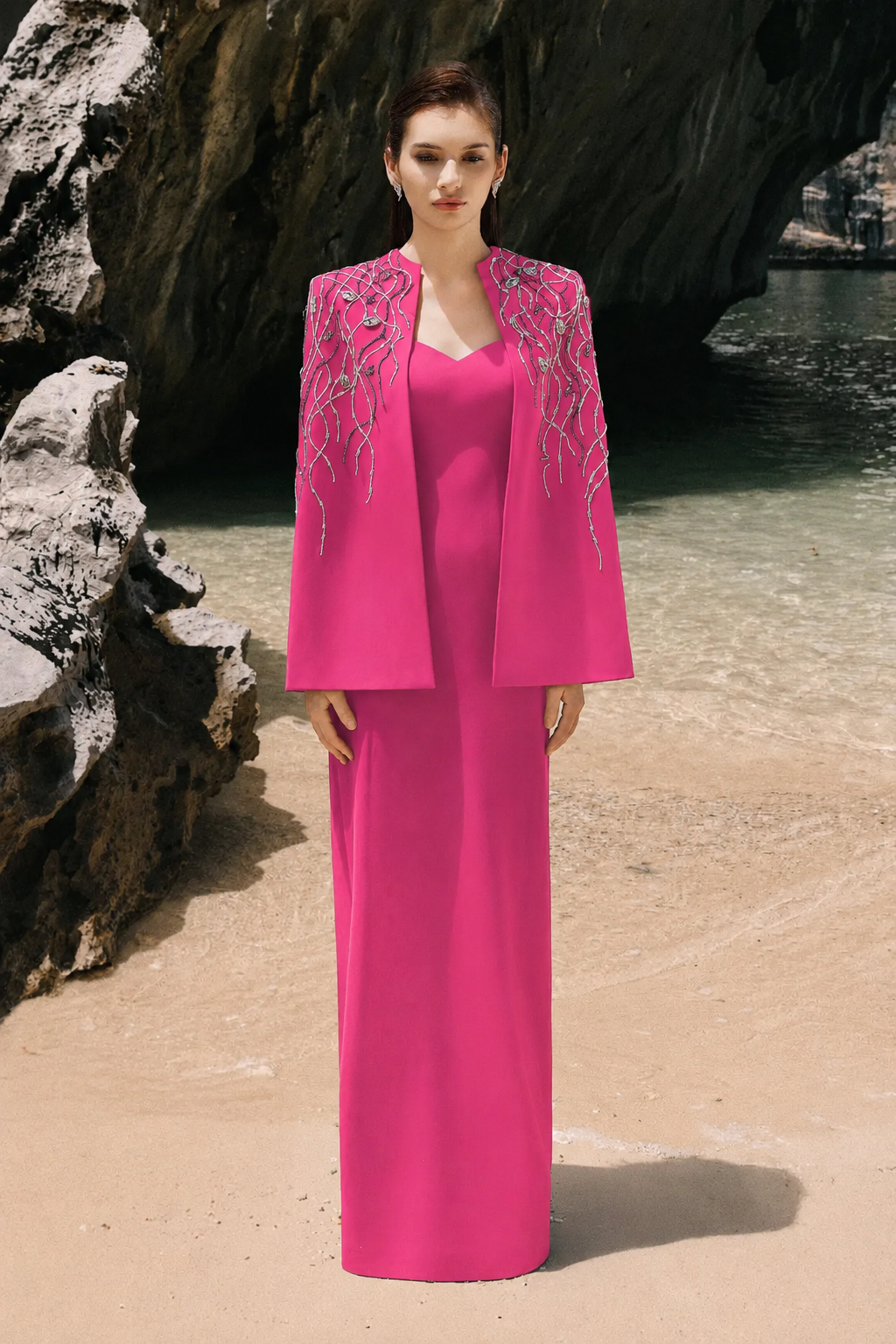 Wavy Crystal Embellished Cape And Semi Heart Chest Dress Set - TRACY COUTURE