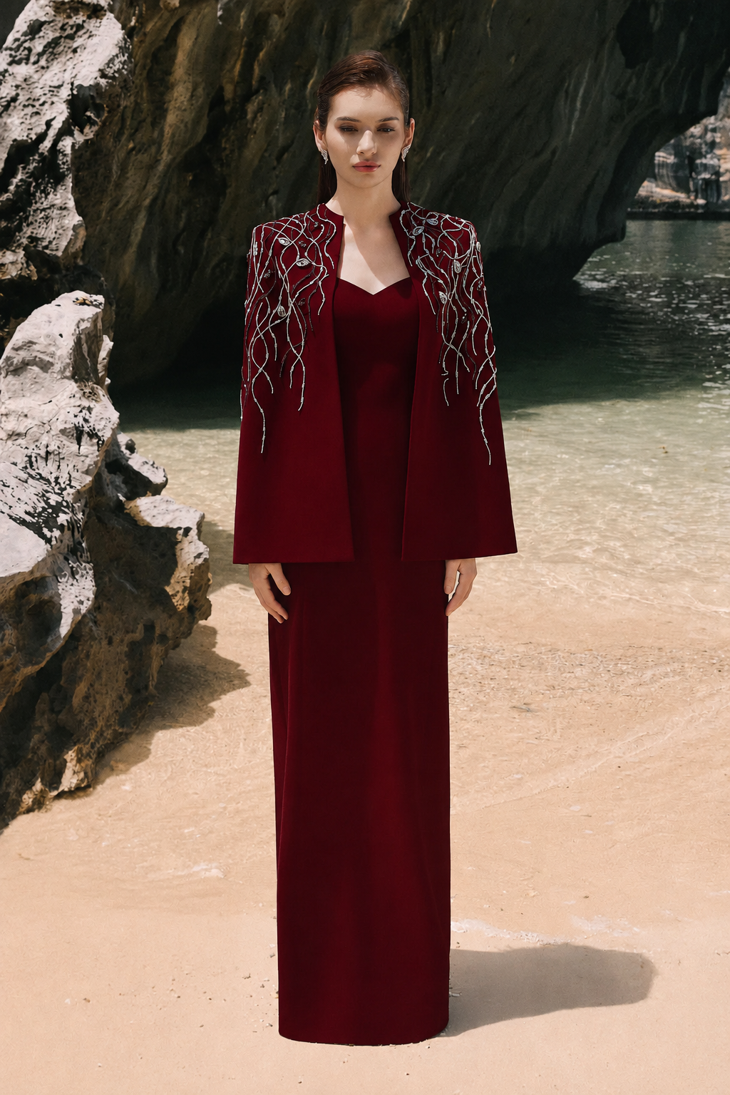 Wavy Crystal Embellished Cape And Semi Heart Chest Dress Set - TRACY COUTURE