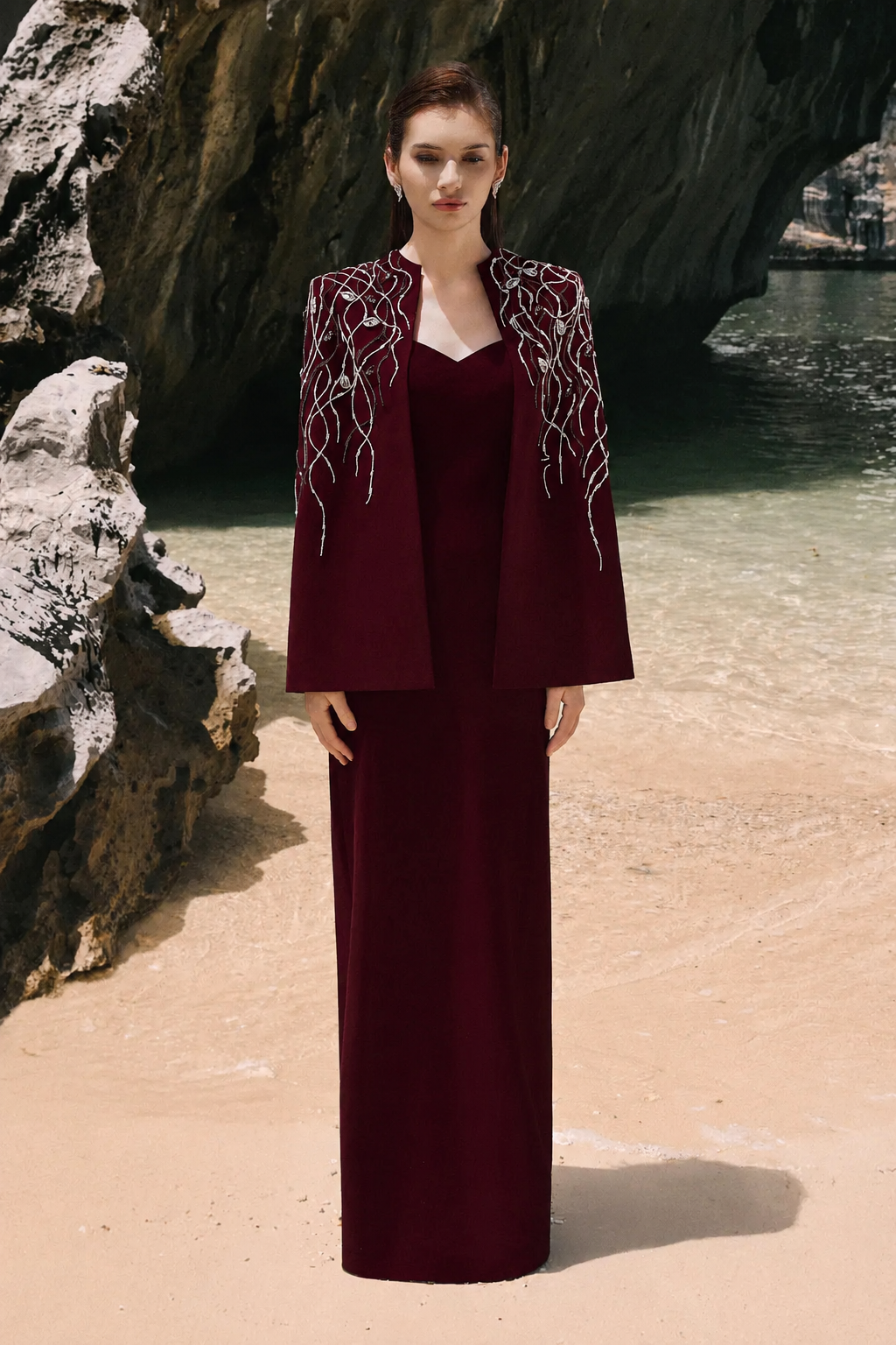 Wavy Crystal Embellished Cape And Semi Heart Chest Dress Set - TRACY COUTURE