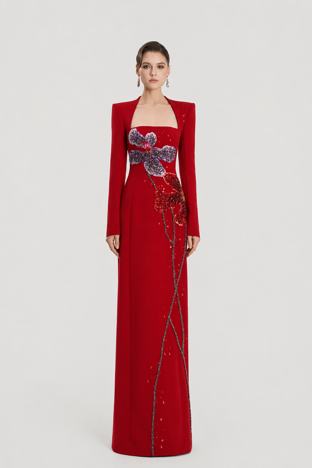 Trapezium Neckline Floral Embellished Dress - TRACY COUTURE