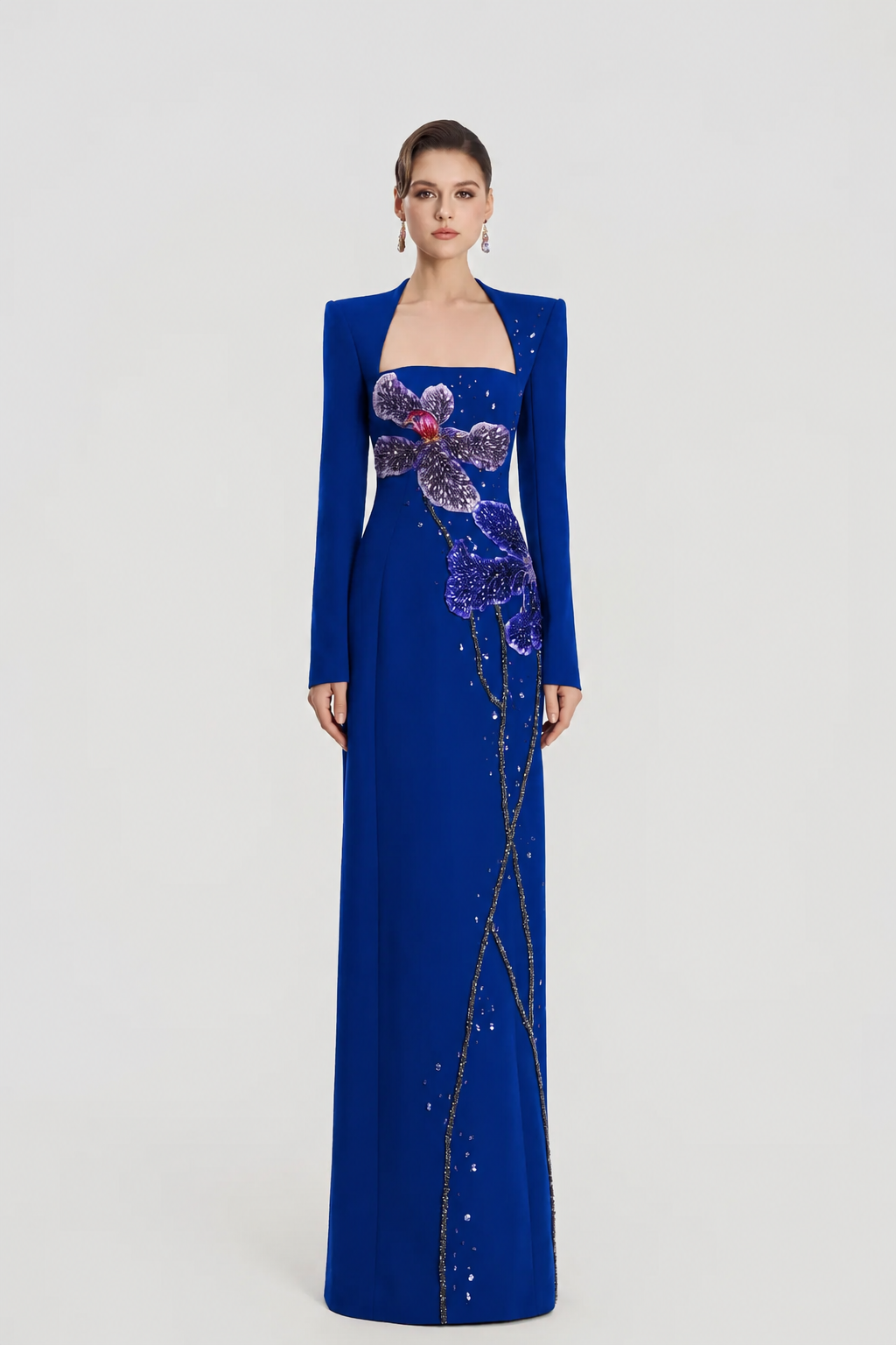 Trapezium Neckline Floral Embellished Dress - TRACY COUTURE