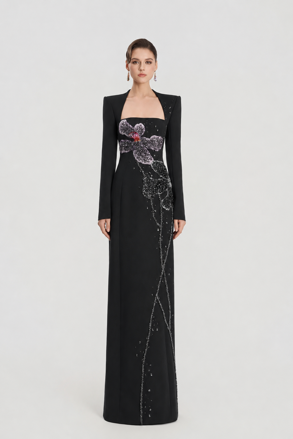 Trapezium Neckline Floral Embellished Dress - TRACY COUTURE