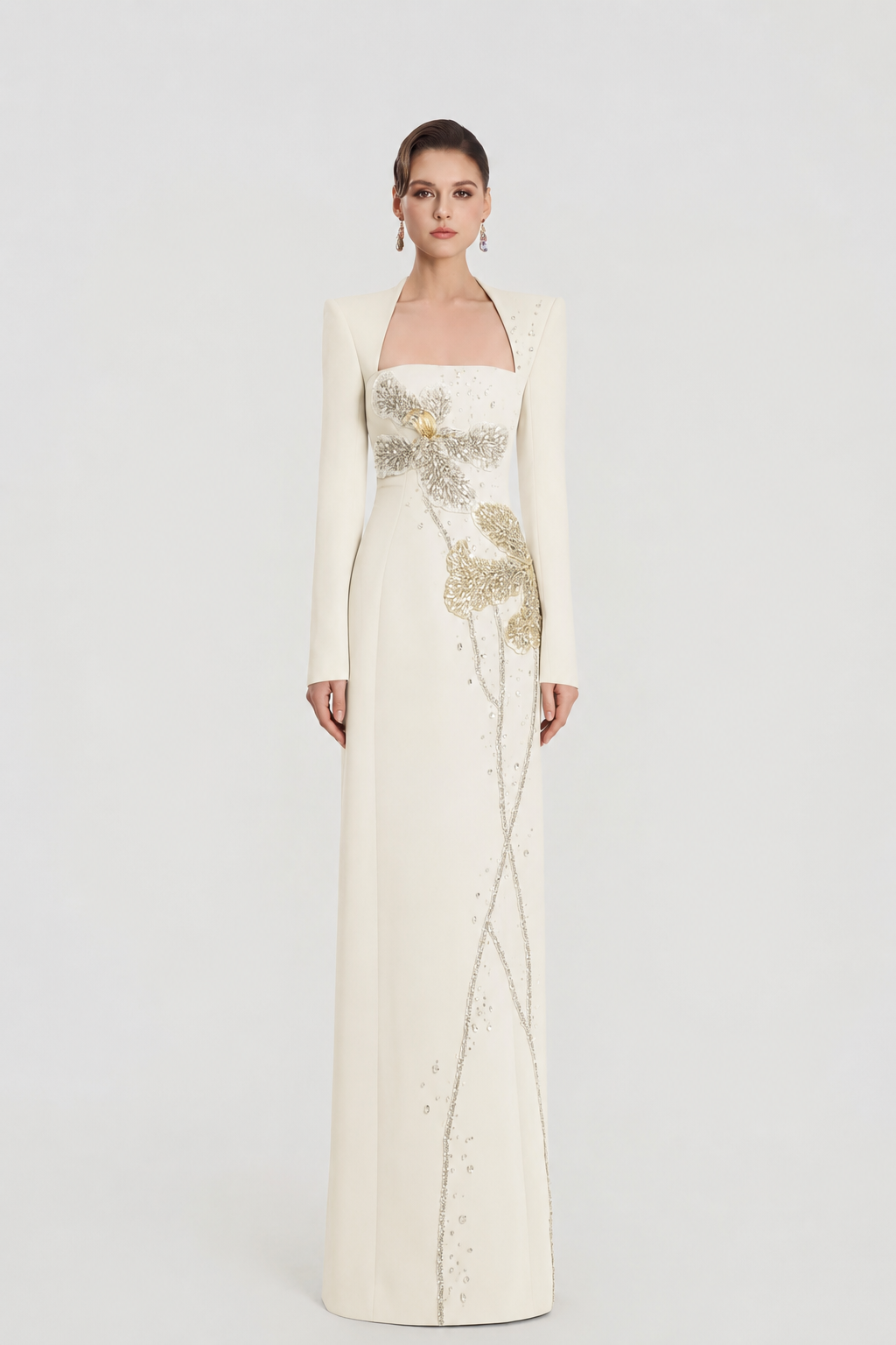 Trapezium Neckline Floral Embellished Dress - TRACY COUTURE
