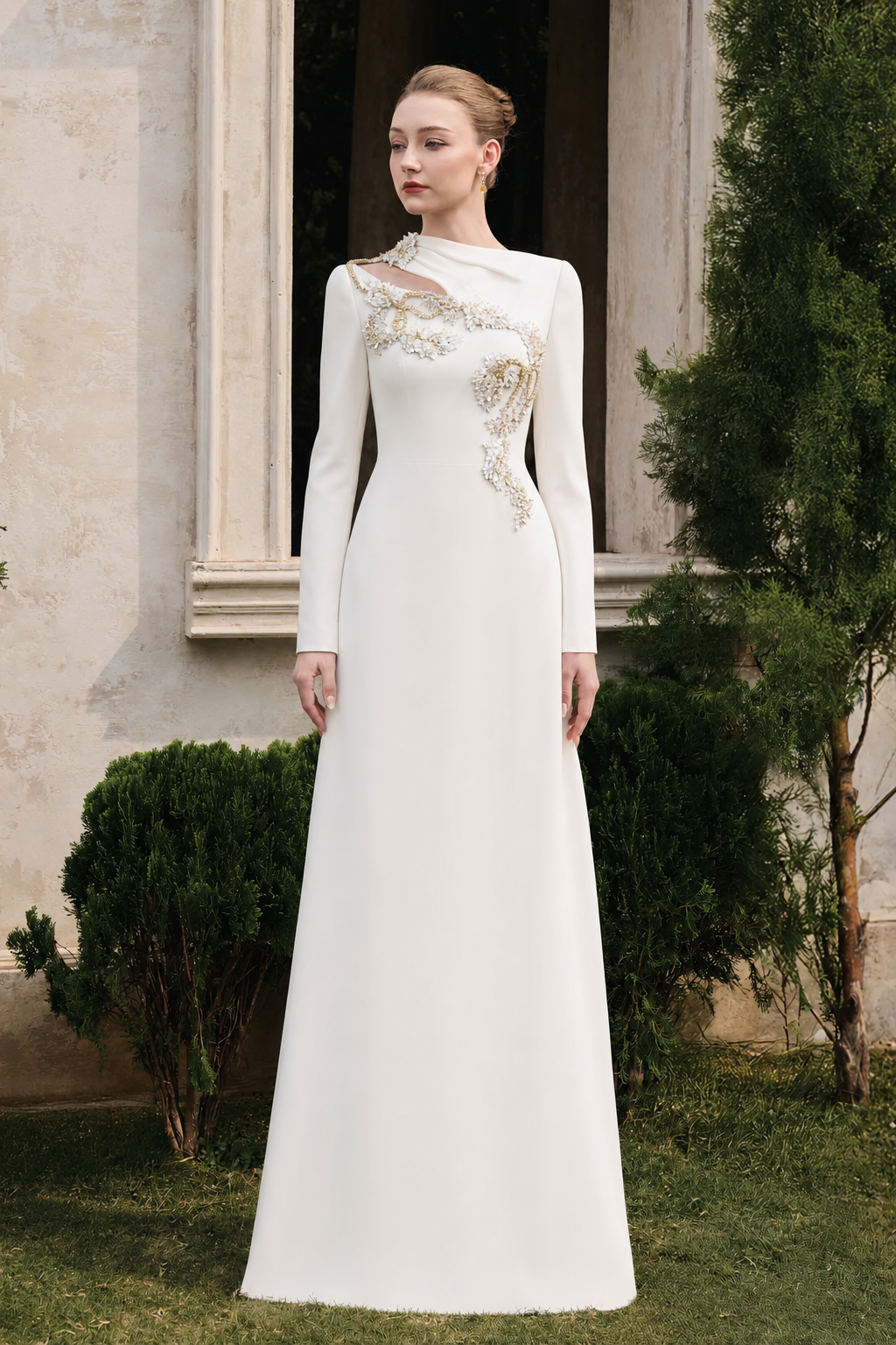 Diagonal Neck With Floral-Embellished Dress - TRACY COUTURE
