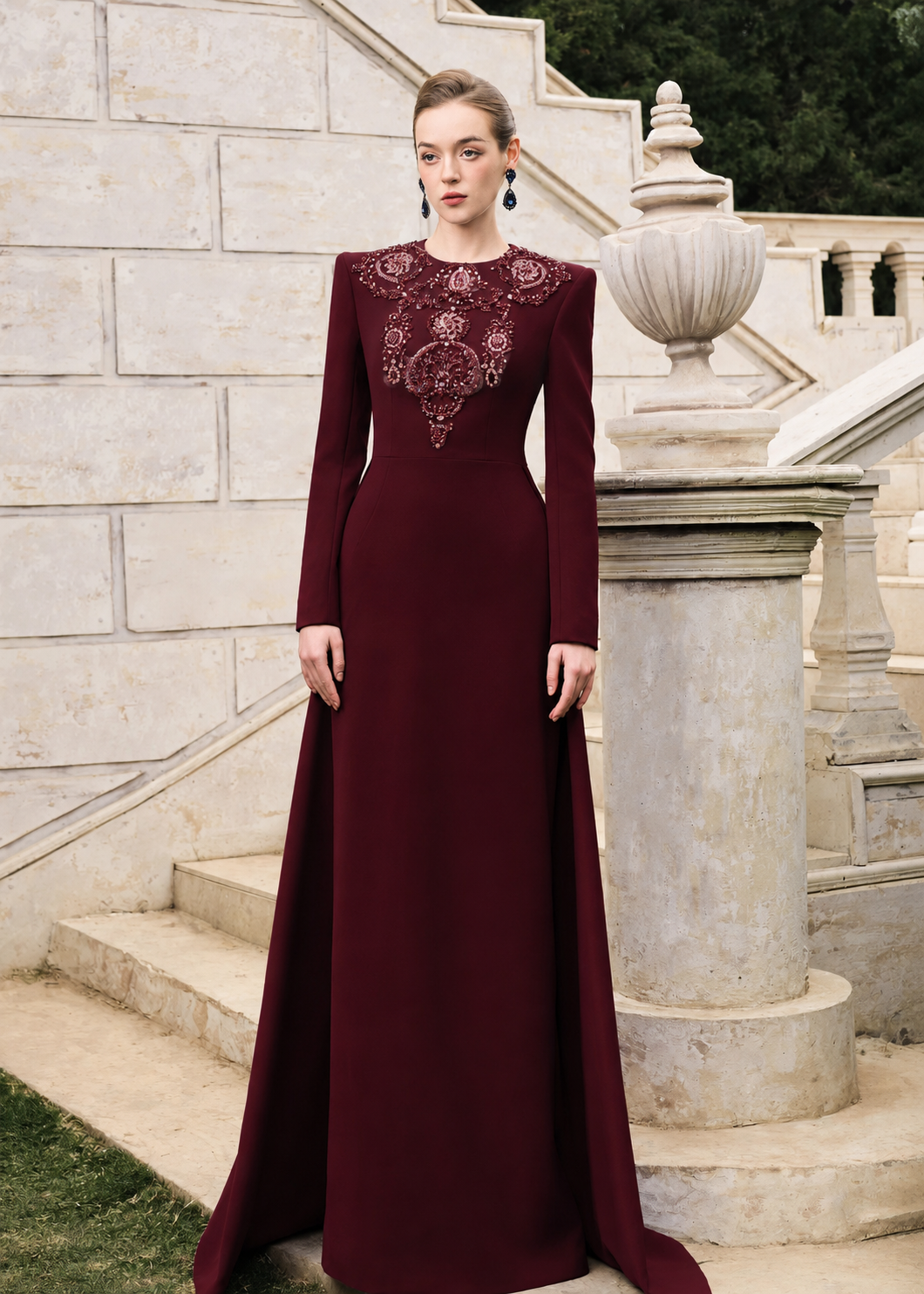 3D Crystal-Embellished Long Back Flap - TRACY COUTURE