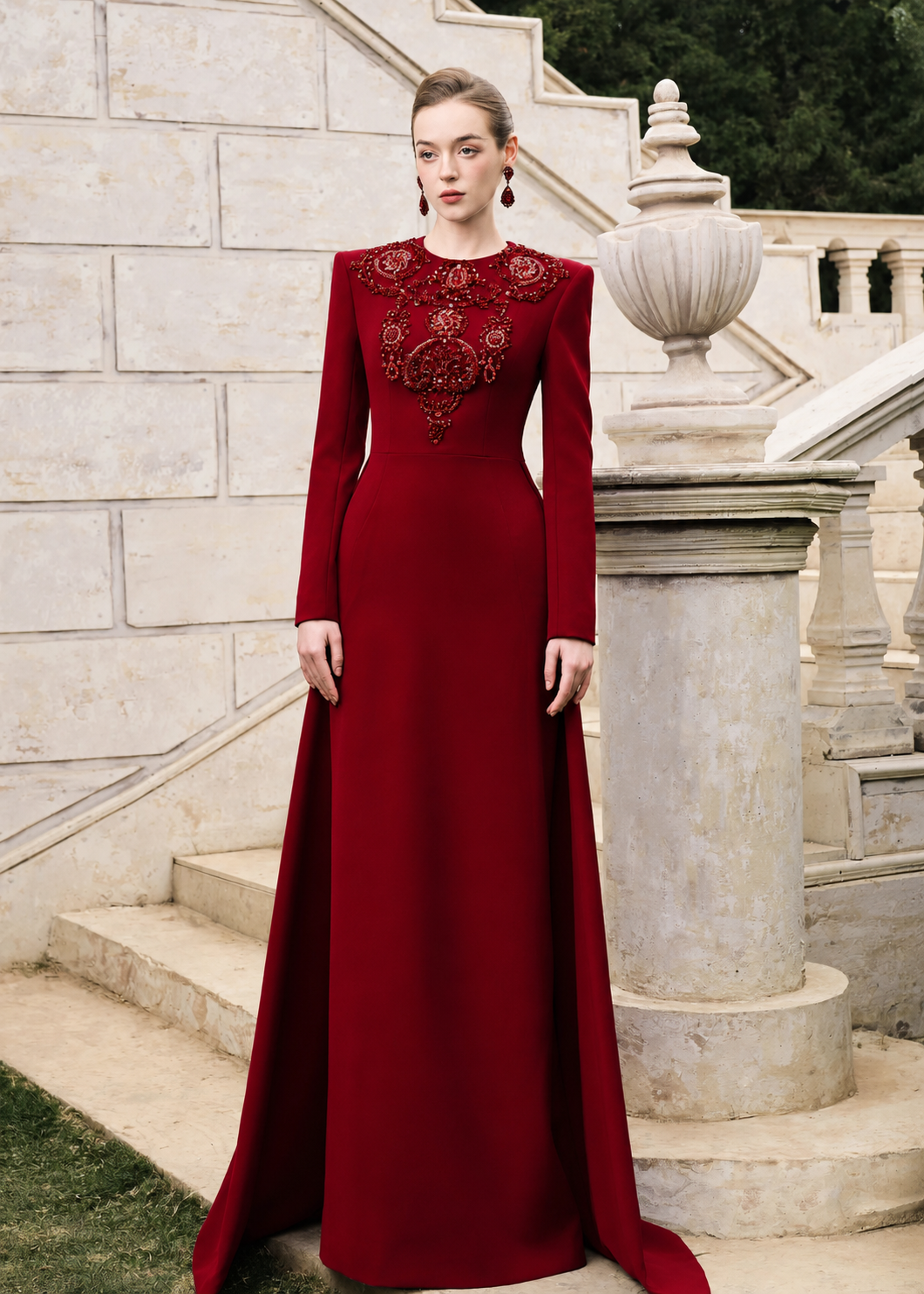 3D Crystal-Embellished Long Back Flap - TRACY COUTURE