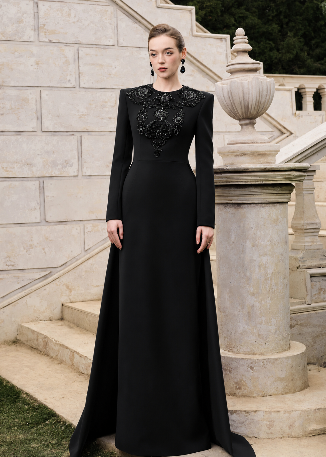 3D Crystal-Embellished Long Back Flap - TRACY COUTURE