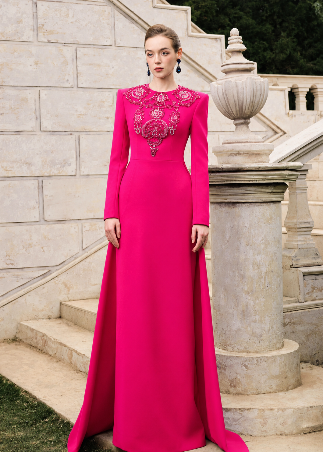 3D Crystal-Embellished Long Back Flap - TRACY COUTURE