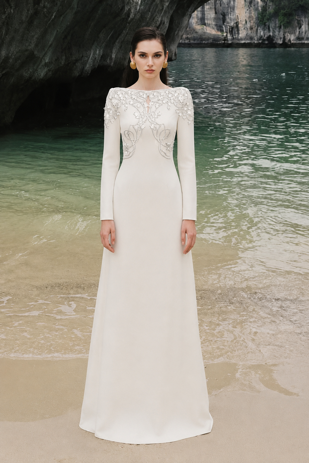 Boat Neck Symmetric Embellished Dress - TRACY COUTURE