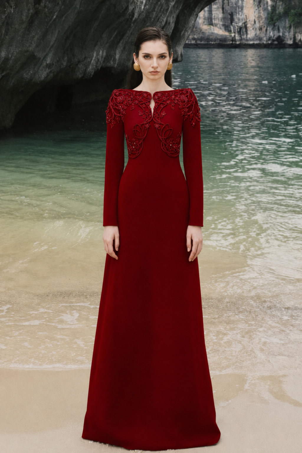 Boat Neck Symmetric Embellished Dress - TRACY COUTURE