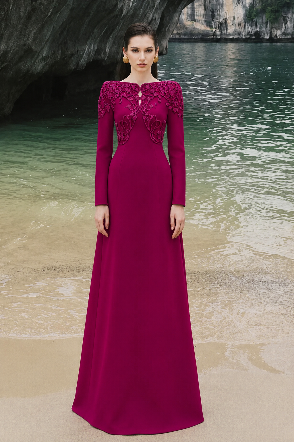 Boat Neck Symmetric Embellished Dress - TRACY COUTURE