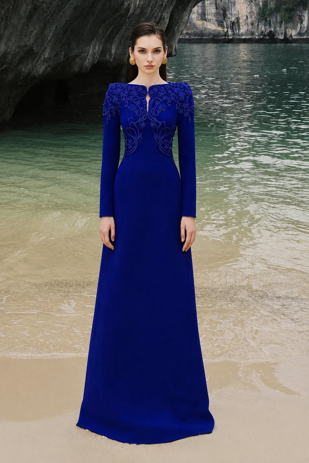 Boat Neck Symmetric Embellished Dress - TRACY COUTURE