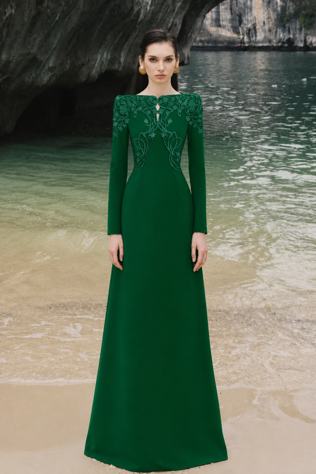 Boat Neck Symmetric Embellished Dress - TRACY COUTURE