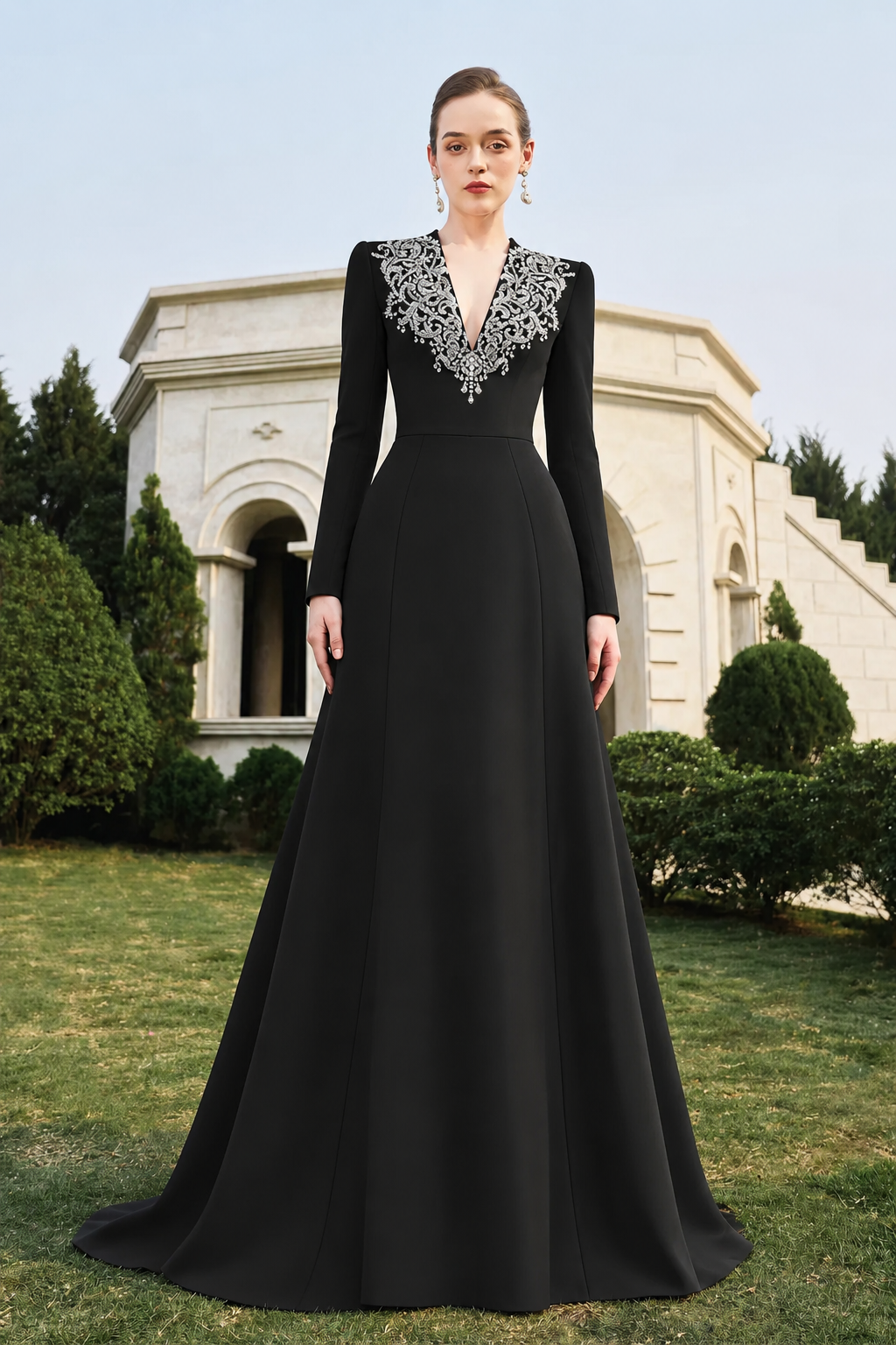 V-Crystal Embellished Flared A-Line Dress - TRACY COUTURE